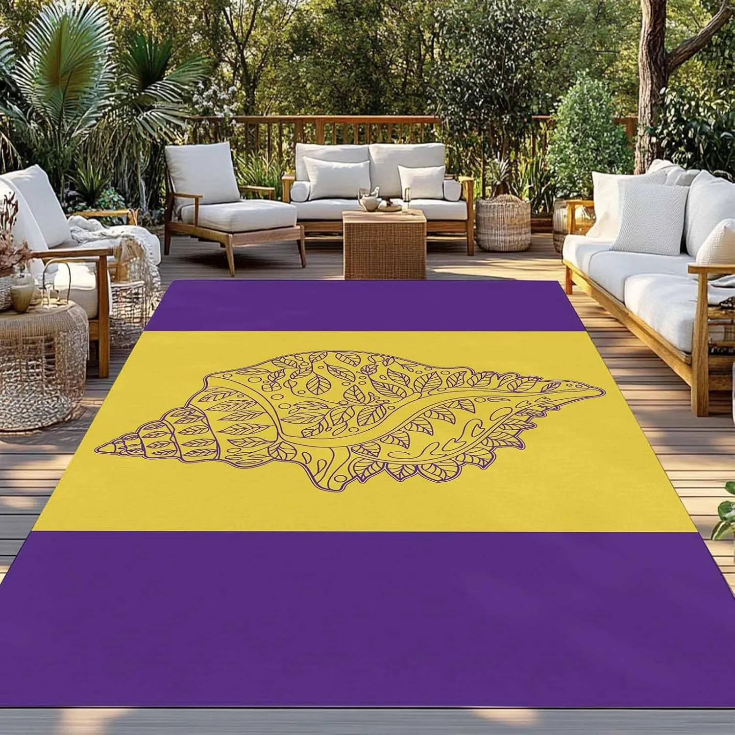 Conch Mandalas Outdoor Rug 5x8ft Large Patio Rug,Washable RV Camping Outside Area Runner Rug Mat,Boho Modern Yellow Purple Abstract Stripe Carpet for Picnic Backyard Deck Porch Balcony Beach & Indoor