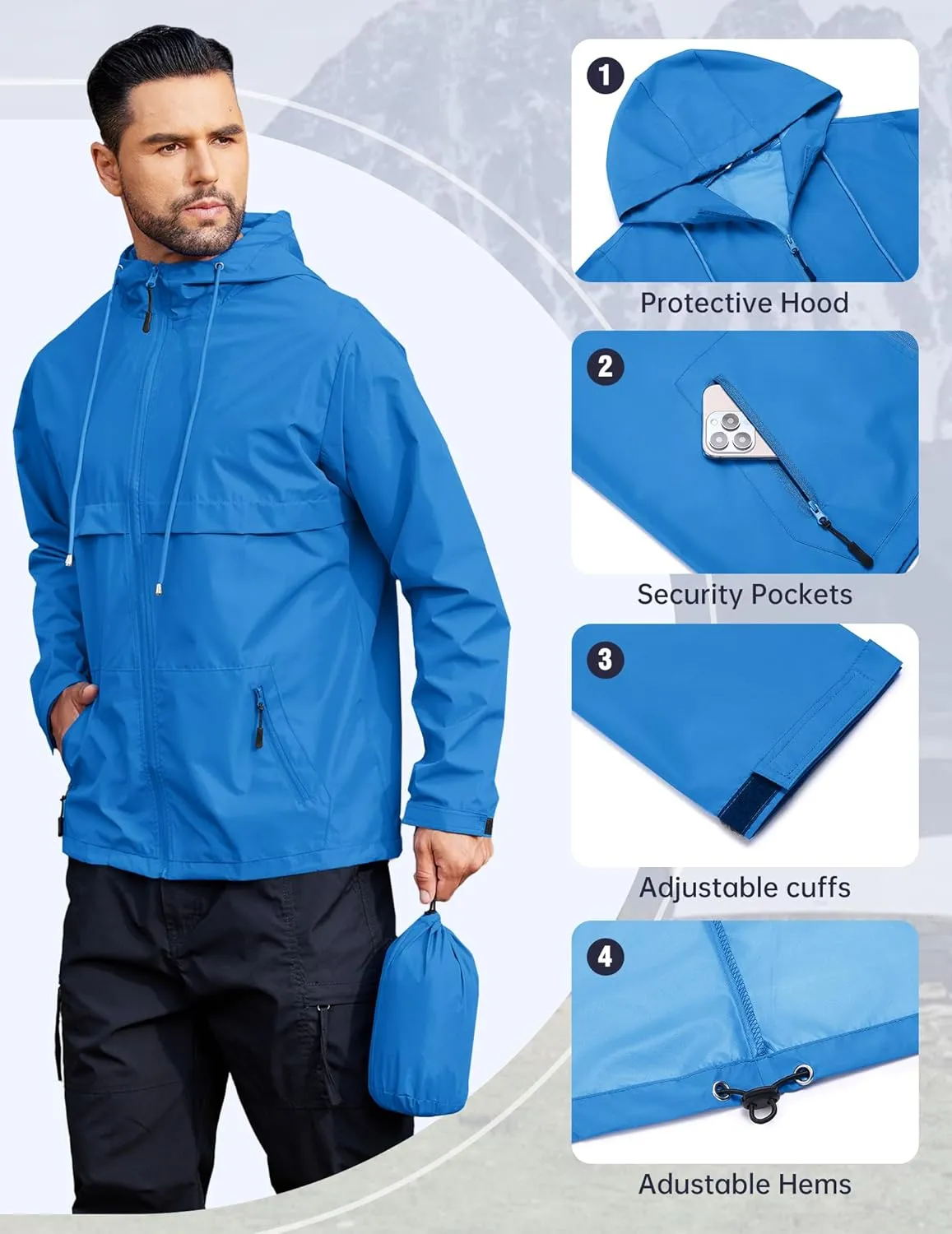 COOFANDY Men's Rain Jacket Waterproof with Hood Packable Rain Coat Lightweight Windbreaker for Hiking Golf Outdoor