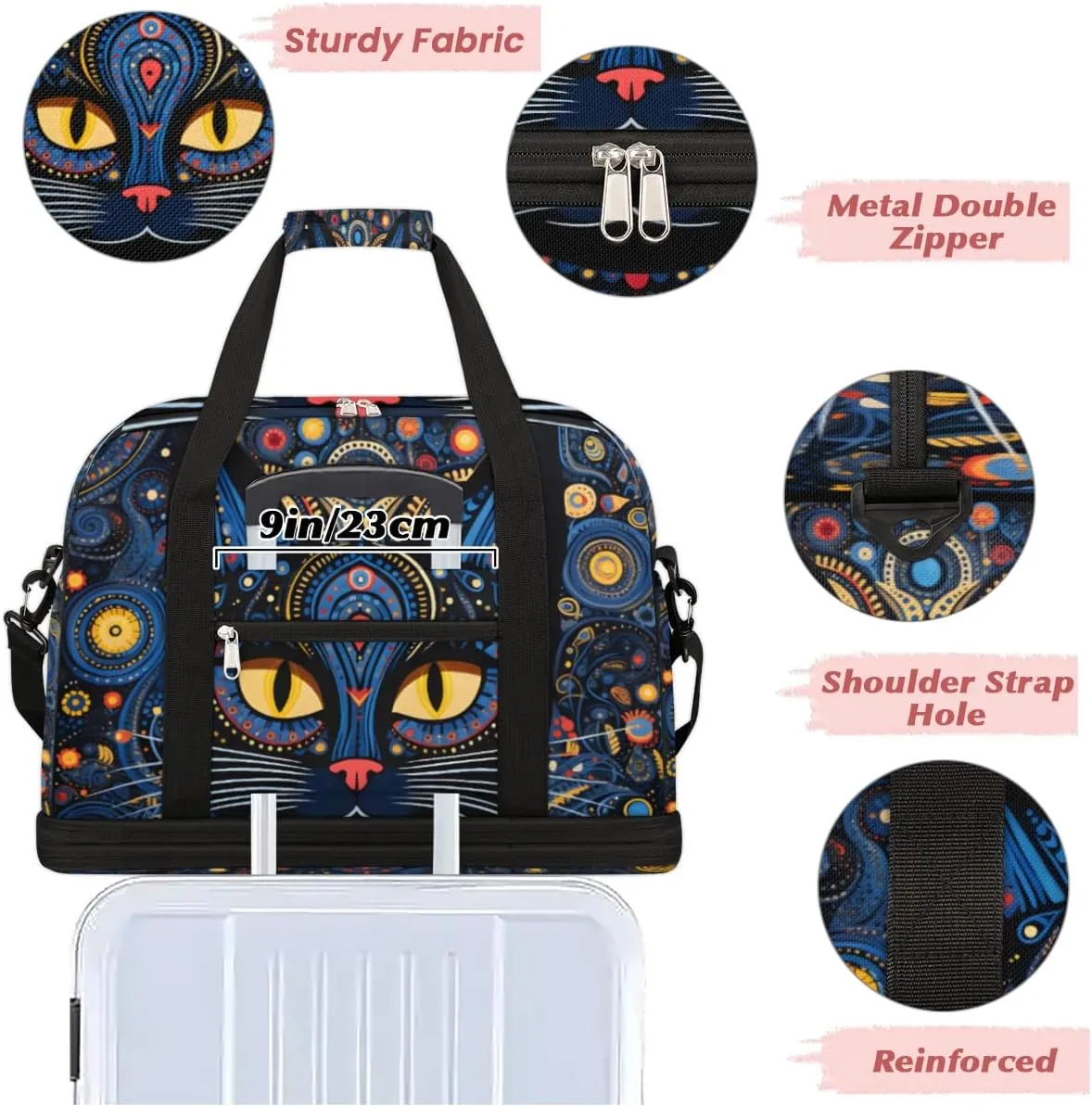 Cool Black Cat Print Foldable Travel Duffel Bag Overnight Weekender Bag with Shoes Compartment Sports Gym Bag for Men Women