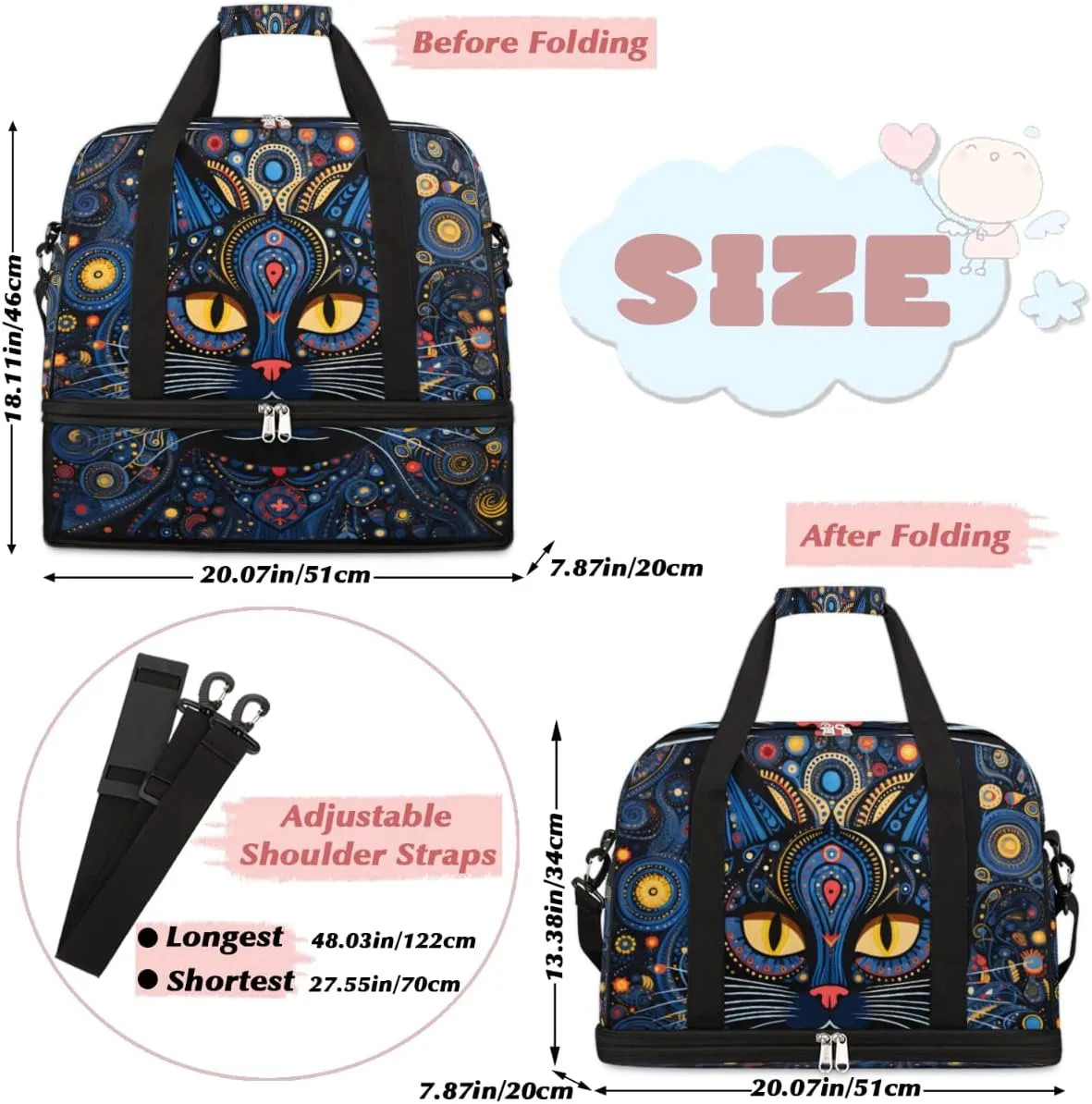Cool Black Cat Print Foldable Travel Duffel Bag Overnight Weekender Bag with Shoes Compartment Sports Gym Bag for Men Women