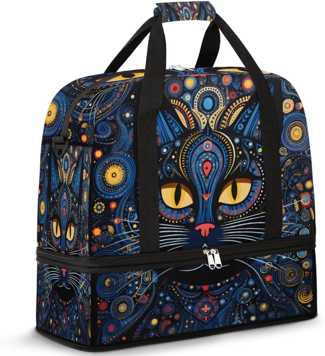 Cool Black Cat Print Foldable Travel Duffel Bag Overnight Weekender Bag with Shoes Compartment Sports Gym Bag for Men Women