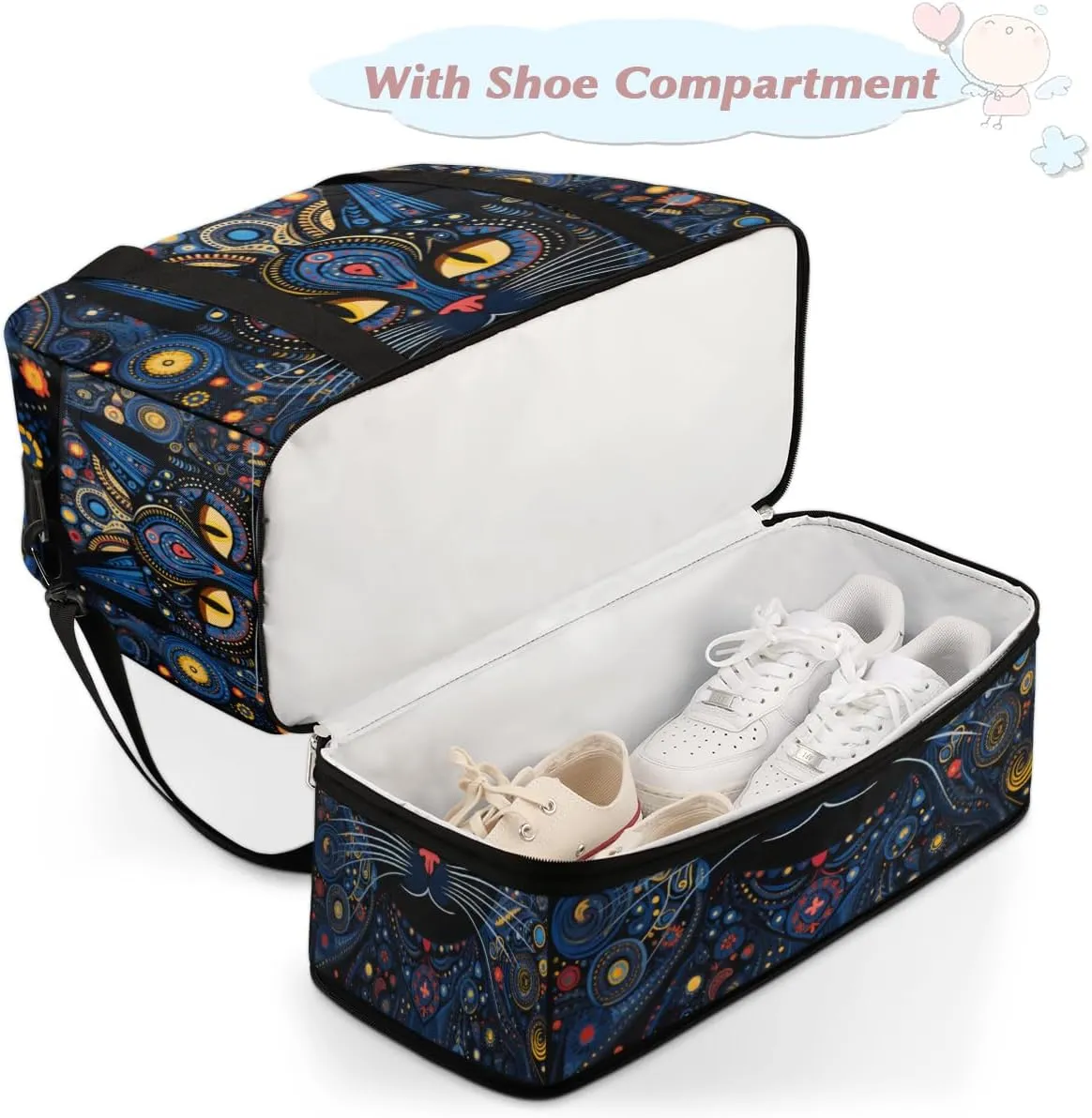 Cool Black Cat Print Foldable Travel Duffel Bag Overnight Weekender Bag with Shoes Compartment Sports Gym Bag for Men Women