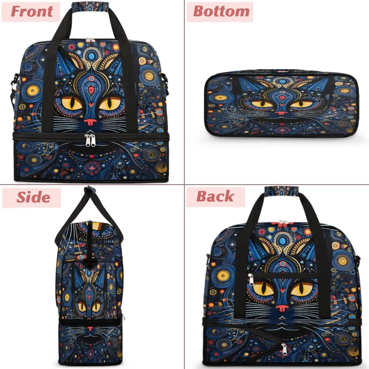 Cool Black Cat Print Foldable Travel Duffel Bag Overnight Weekender Bag with Shoes Compartment Sports Gym Bag for Men Women