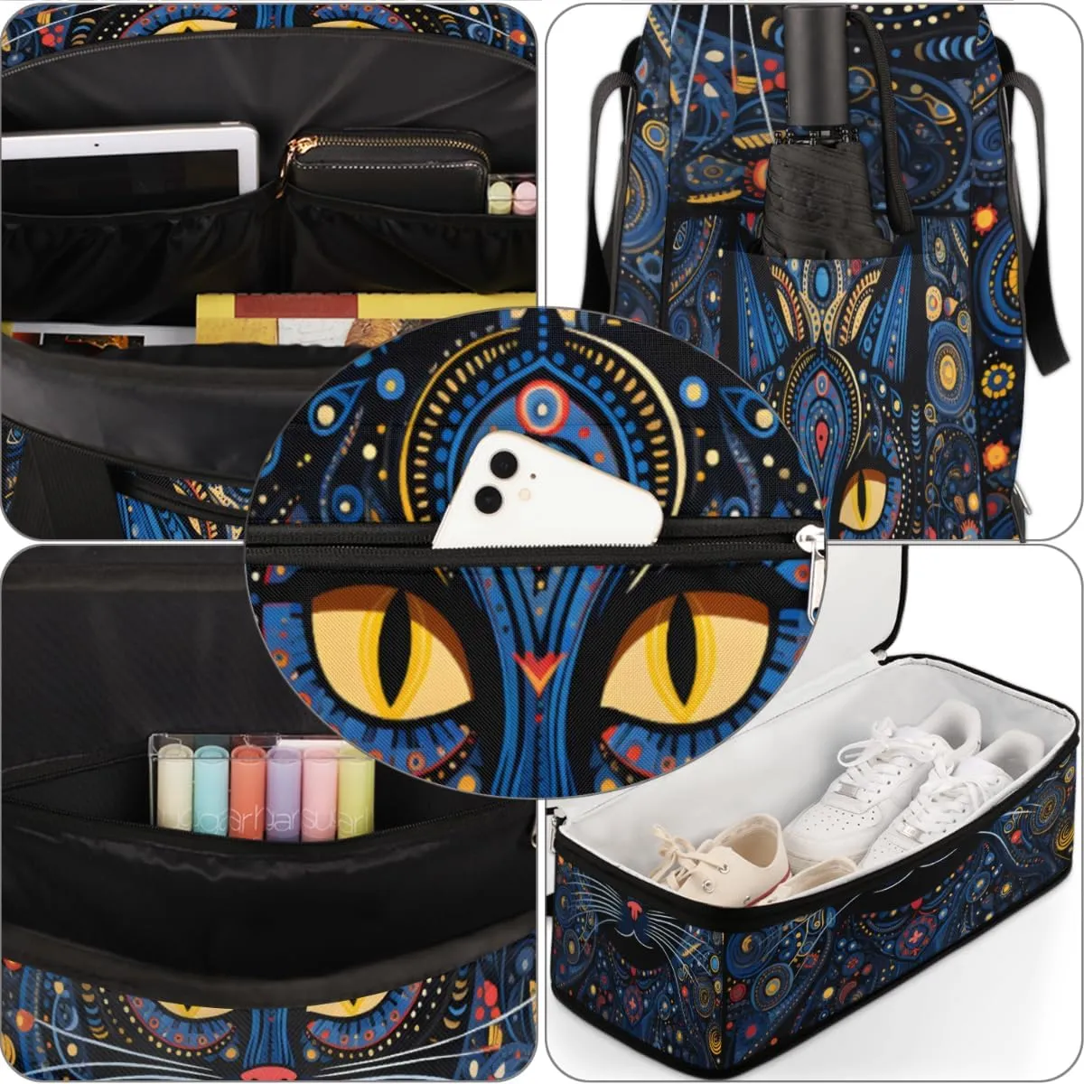 Cool Black Cat Print Foldable Travel Duffel Bag Overnight Weekender Bag with Shoes Compartment Sports Gym Bag for Men Women