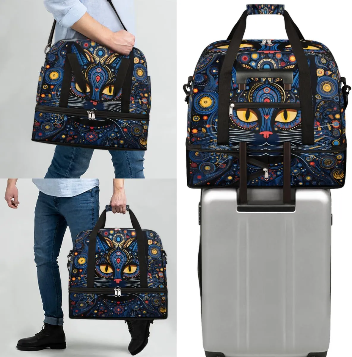 Cool Black Cat Print Foldable Travel Duffel Bag Overnight Weekender Bag with Shoes Compartment Sports Gym Bag for Men Women