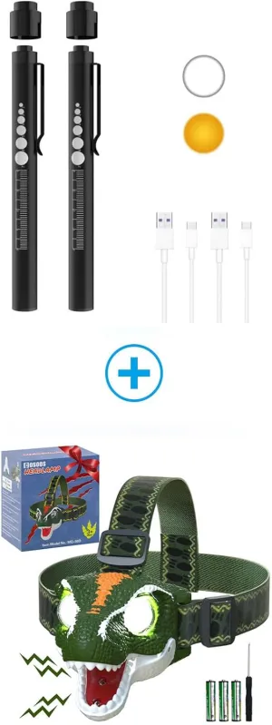 COSOOS 2 Rechargeable Penlights & Dinosaur Headlamp for Kids Flashlight Camping Gear, Roar & Silent Mode, Outdoor Toy Head Lamp for Boy Girl Toddler, 3.4oz Lightweight Headlight, Birthday Gift