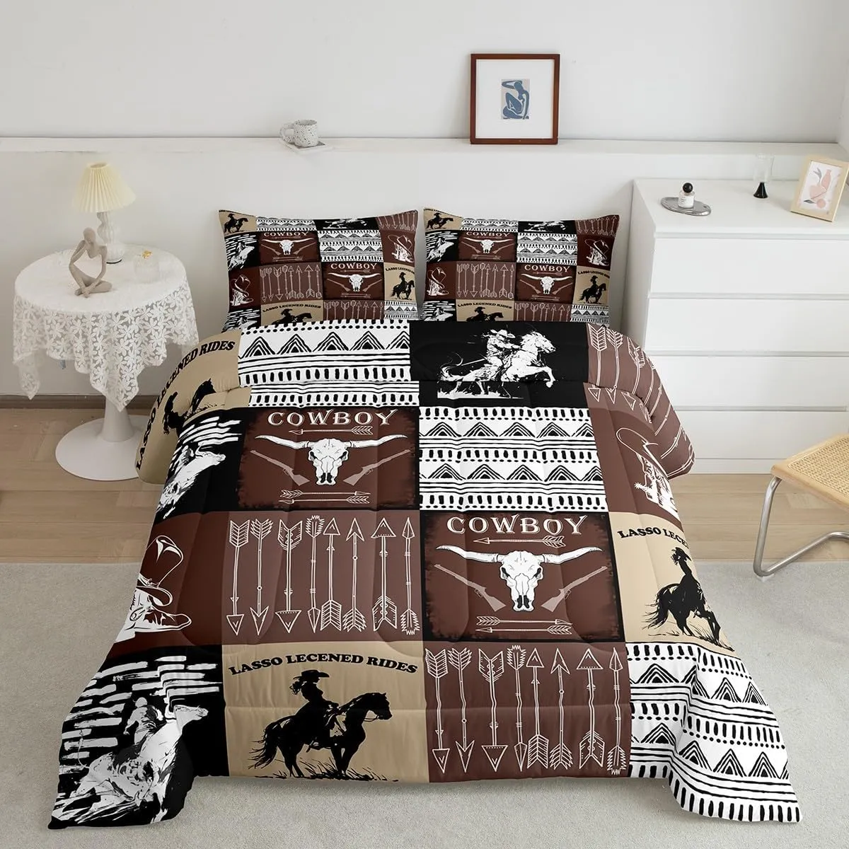 Country Western Bedding Sets Queen,Tribe Geometry Aztec Bed in a Bag Queen Comforter Set 7 Piece,Cowboy Horse Sheet Set with Comforter,Gothic Bull Skull Cowgirl Southwestern Decor,Black Brown