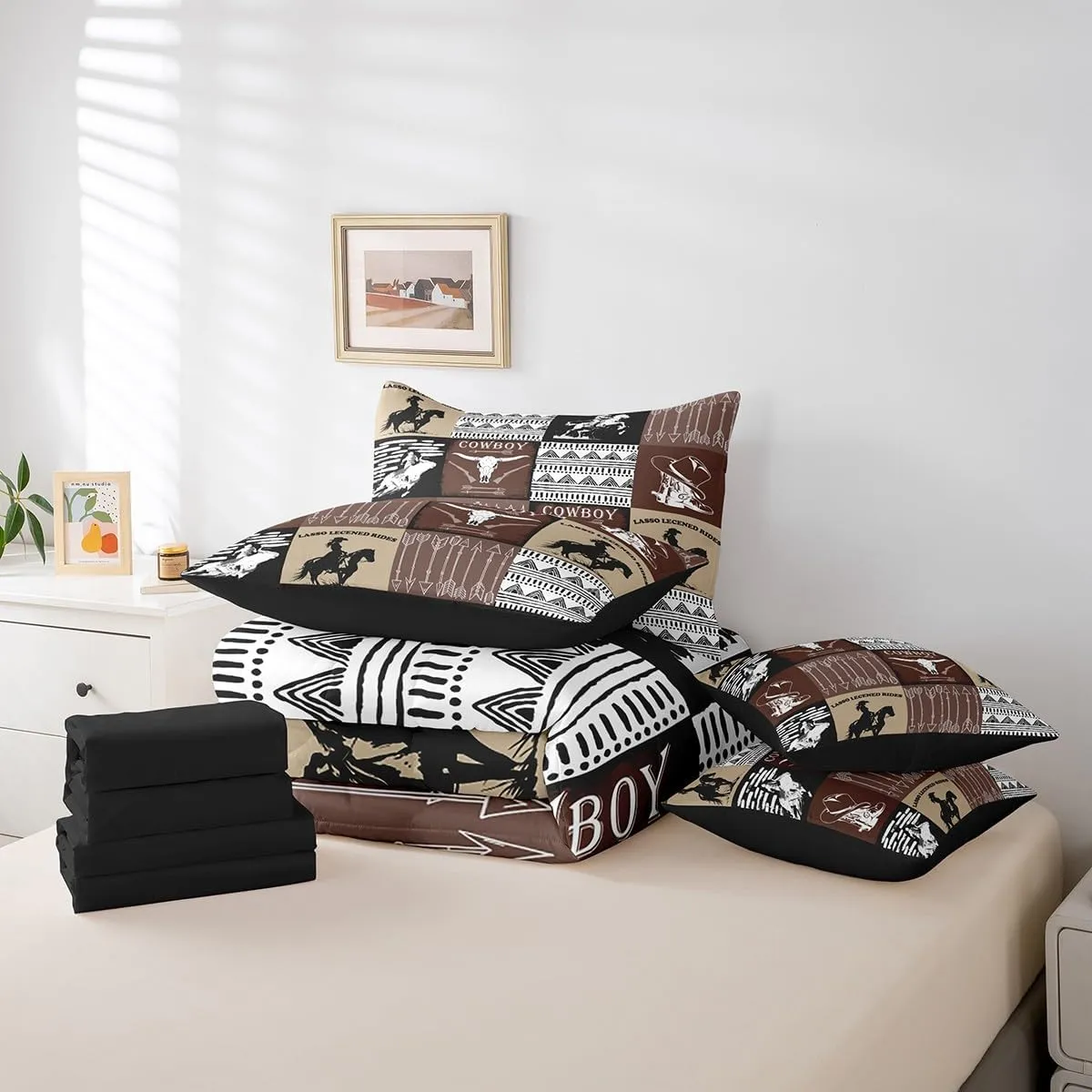 Country Western Bedding Sets Queen,Tribe Geometry Aztec Bed in a Bag Queen Comforter Set 7 Piece,Cowboy Horse Sheet Set with Comforter,Gothic Bull Skull Cowgirl Southwestern Decor,Black Brown