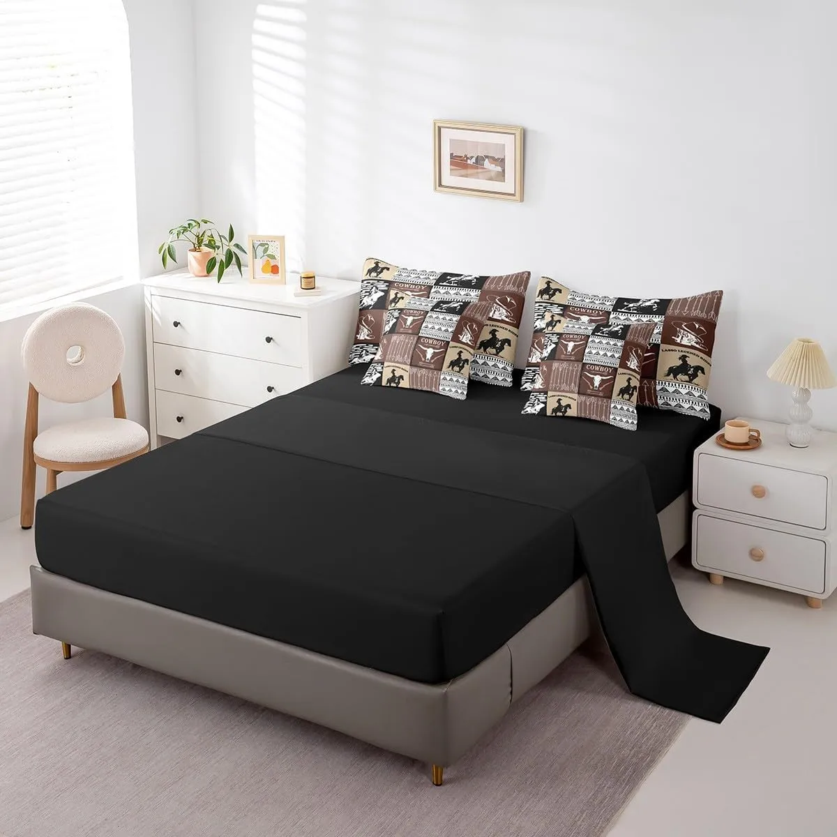 Country Western Bedding Sets Queen,Tribe Geometry Aztec Bed in a Bag Queen Comforter Set 7 Piece,Cowboy Horse Sheet Set with Comforter,Gothic Bull Skull Cowgirl Southwestern Decor,Black Brown