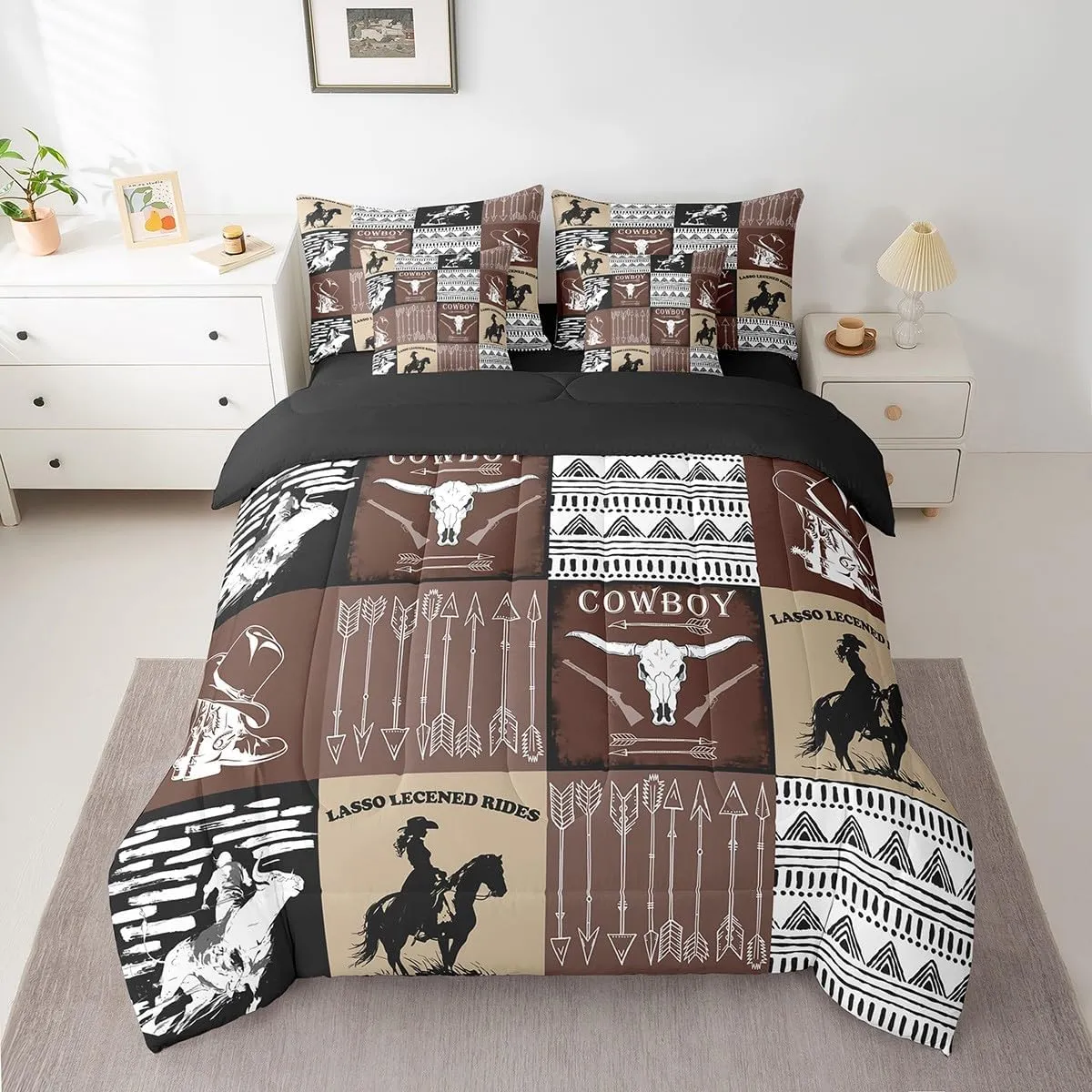 Country Western Bedding Sets Queen,Tribe Geometry Aztec Bed in a Bag Queen Comforter Set 7 Piece,Cowboy Horse Sheet Set with Comforter,Gothic Bull Skull Cowgirl Southwestern Decor,Black Brown
