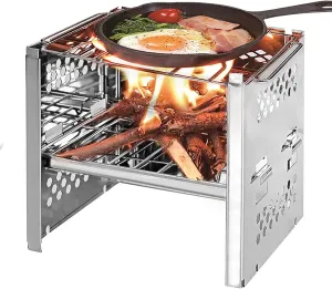 COYOUCO Wood Burning Camp Stoves, Folding Portable Stainless Steel Outdoor Backpacking Stove with Grill Grid Carry Bag for Camping Hiking Cooking Picnic BBQ