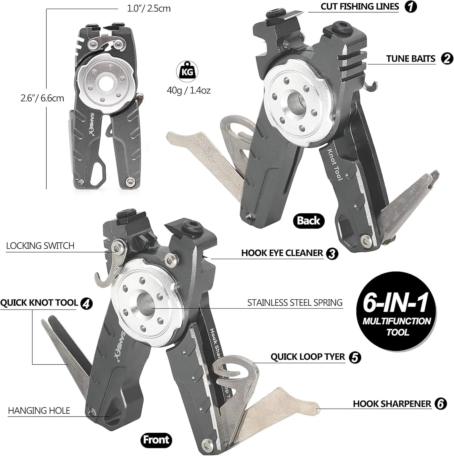 Creative Angler Multi Fishing Tool - Nipper Line Cutter, Knot Tie Tool, Hook Eye Cleaner, Hook Sharpner, and Zinger/Retractor Included