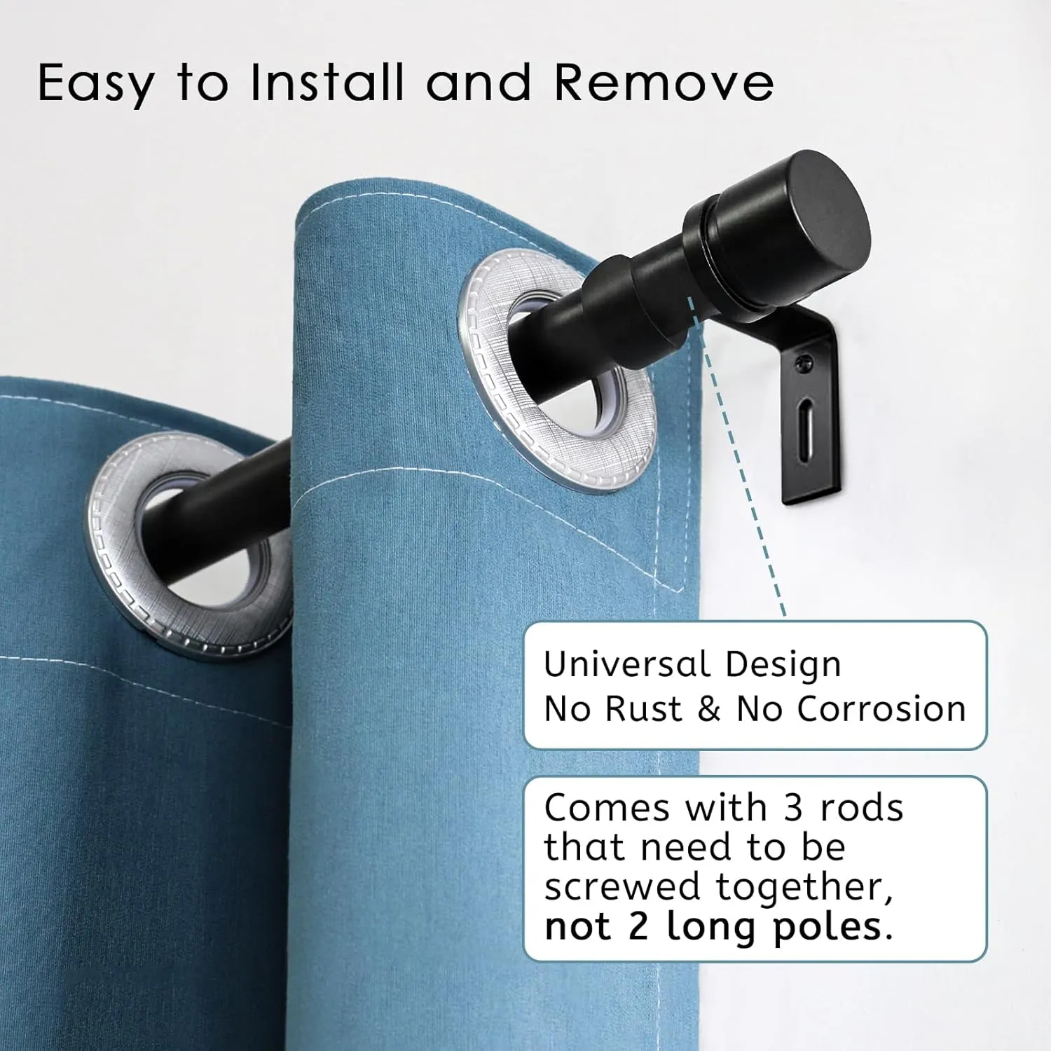 Curtain Rods for Windows 16 to 48 or 60 Inches Max Adjustable Length 1 Inch Diameter Window Curtain Rod with Aluminium Finials, Black