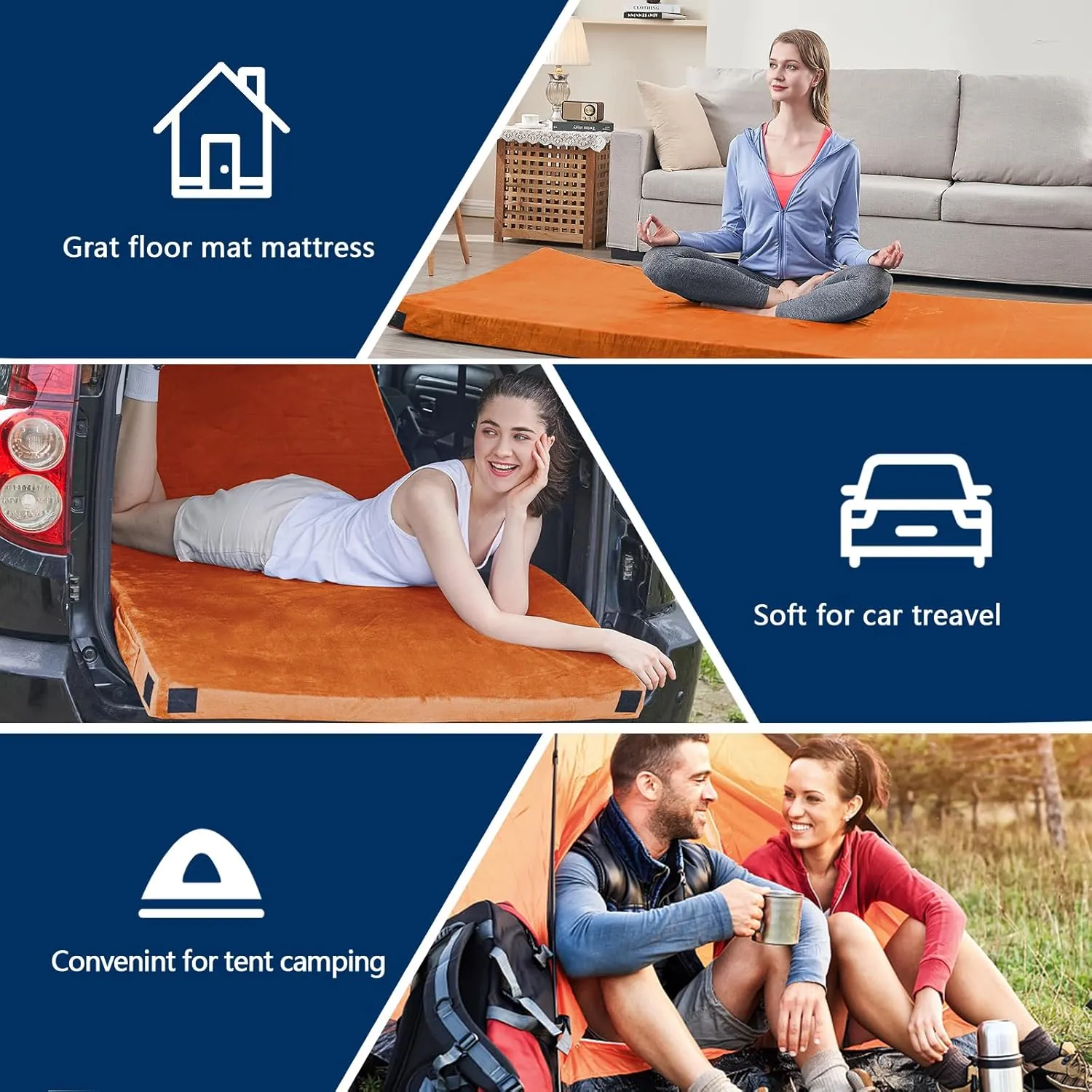 CYMULA Memory Foam Camping Mattress Pad, CertiPUR-US Sleeping Mat, Portable Roll Up Mattress for Adults, Camping Bed Pads for Sleepover, Car Bed with Travel Bag
