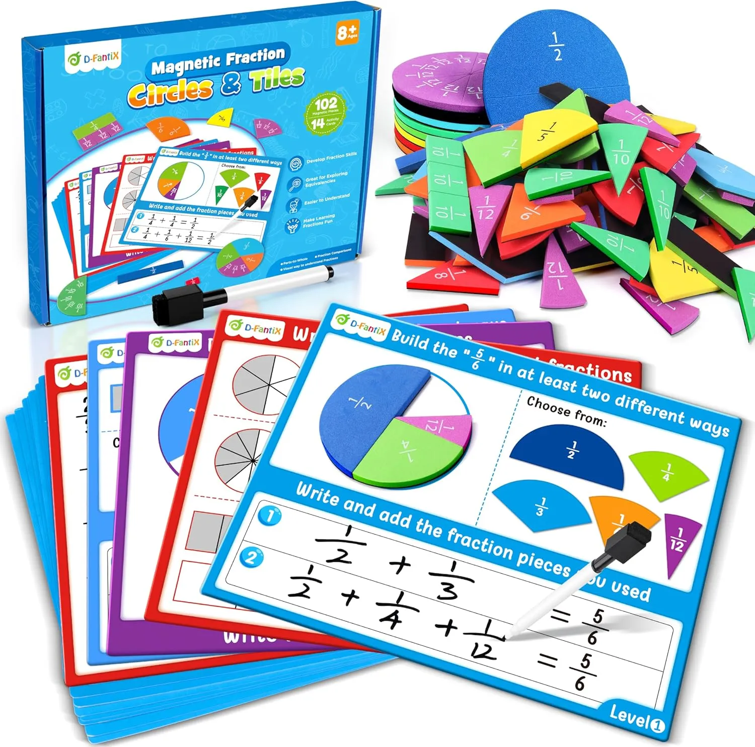 D-FantiX Magnetic Fraction Tiles & Fraction Circles Activity Set, Math Manipulatives for Elementary School, Fraction Manipulatives Montessori Learning Toys for Kids Students Homeschool Supplies