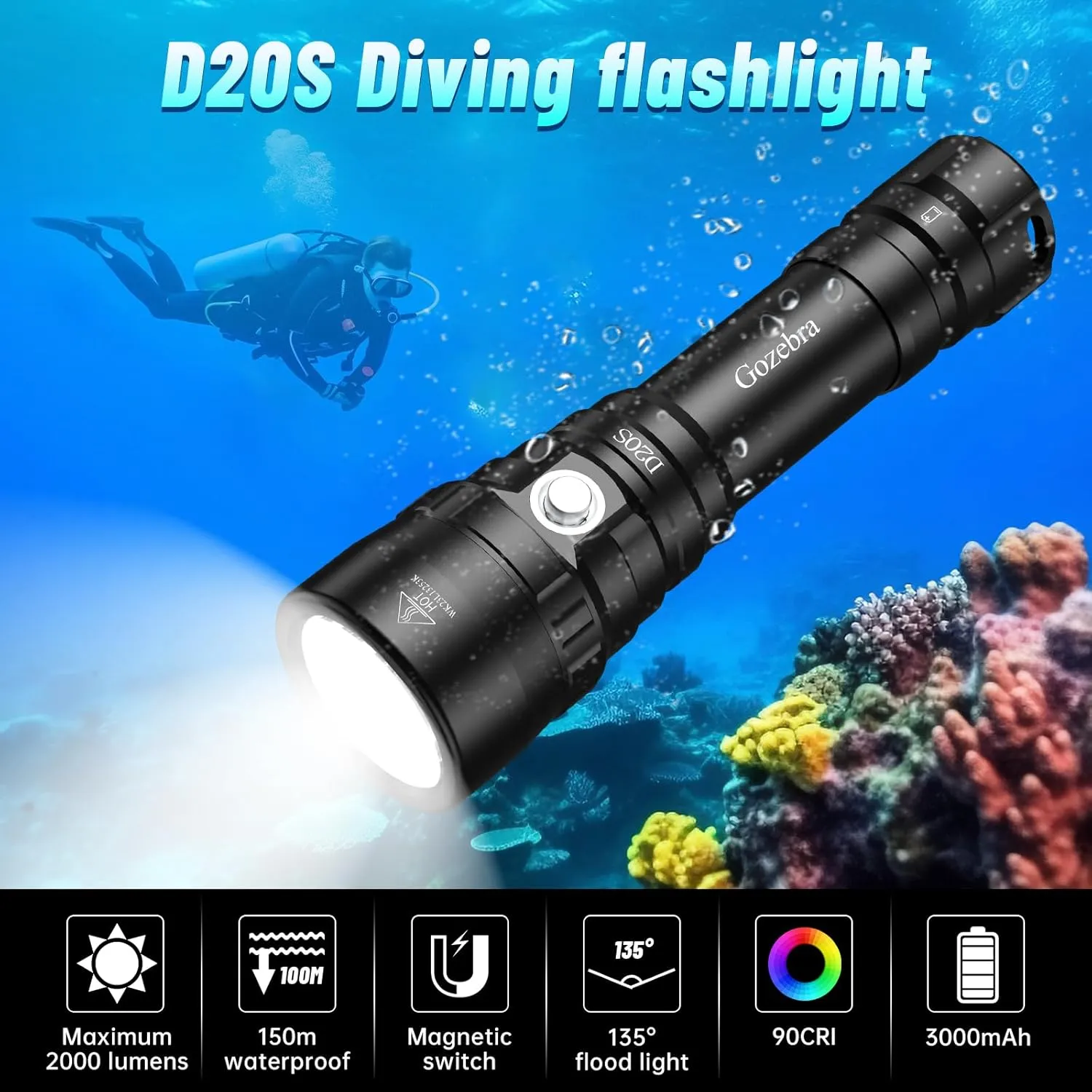 D20S Scuba Diving Light, 2000 Lumens Waterproof Underwater Lights, IPX8 Scuba Diving Flashlight,984ft Long Range Underwater Flashlight for Diving Snorkeling Deep Sea Cave with Charger