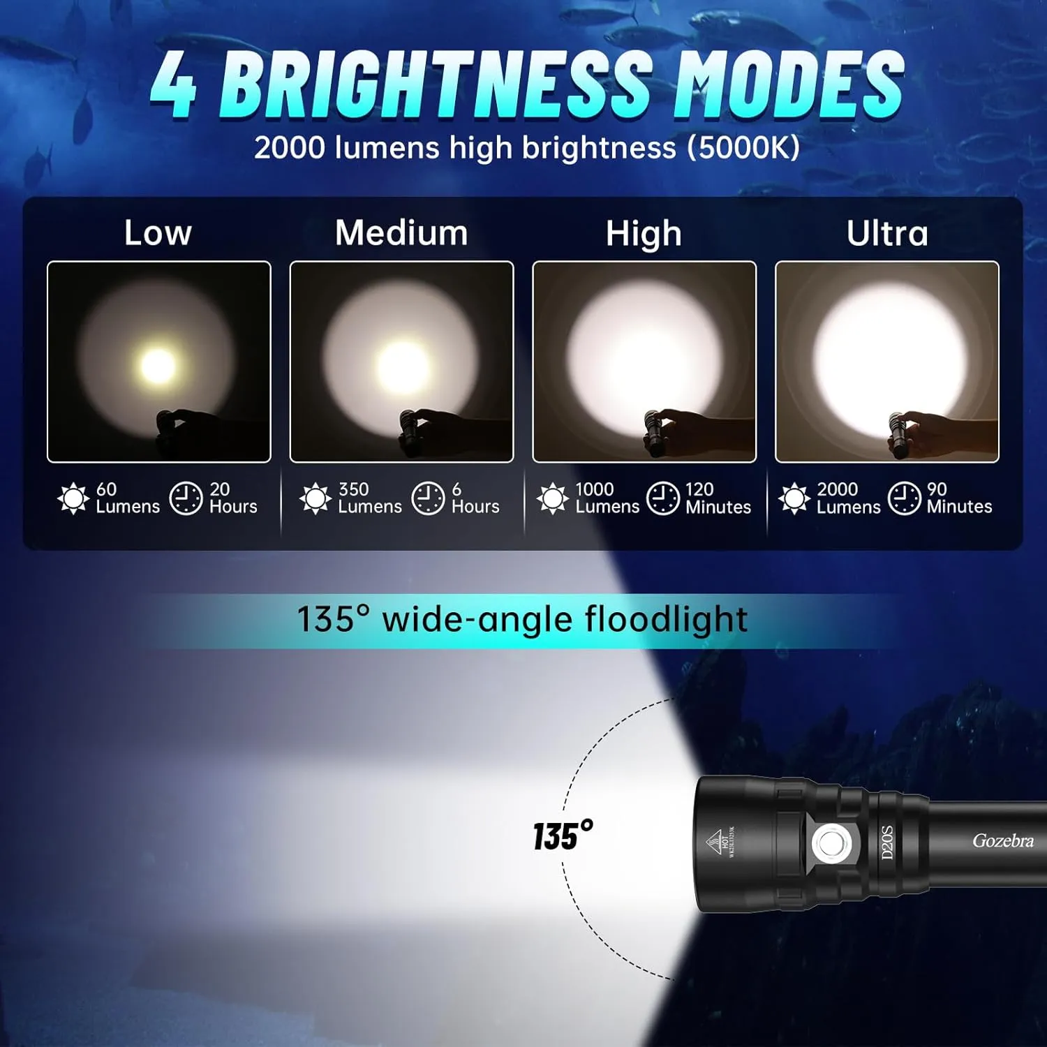 D20S Scuba Diving Light, 2000 Lumens Waterproof Underwater Lights, IPX8 Scuba Diving Flashlight,984ft Long Range Underwater Flashlight for Diving Snorkeling Deep Sea Cave with Charger