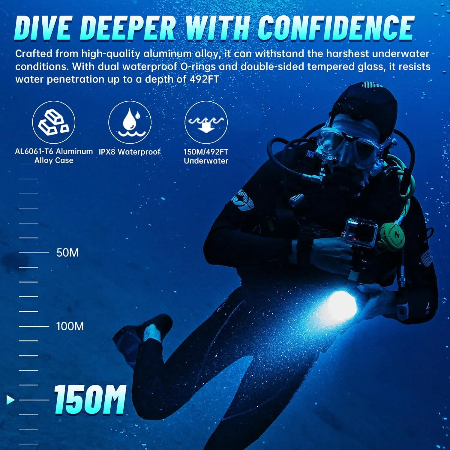 D20S Scuba Diving Light, 2000 Lumens Waterproof Underwater Lights, IPX8 Scuba Diving Flashlight,984ft Long Range Underwater Flashlight for Diving Snorkeling Deep Sea Cave with Charger