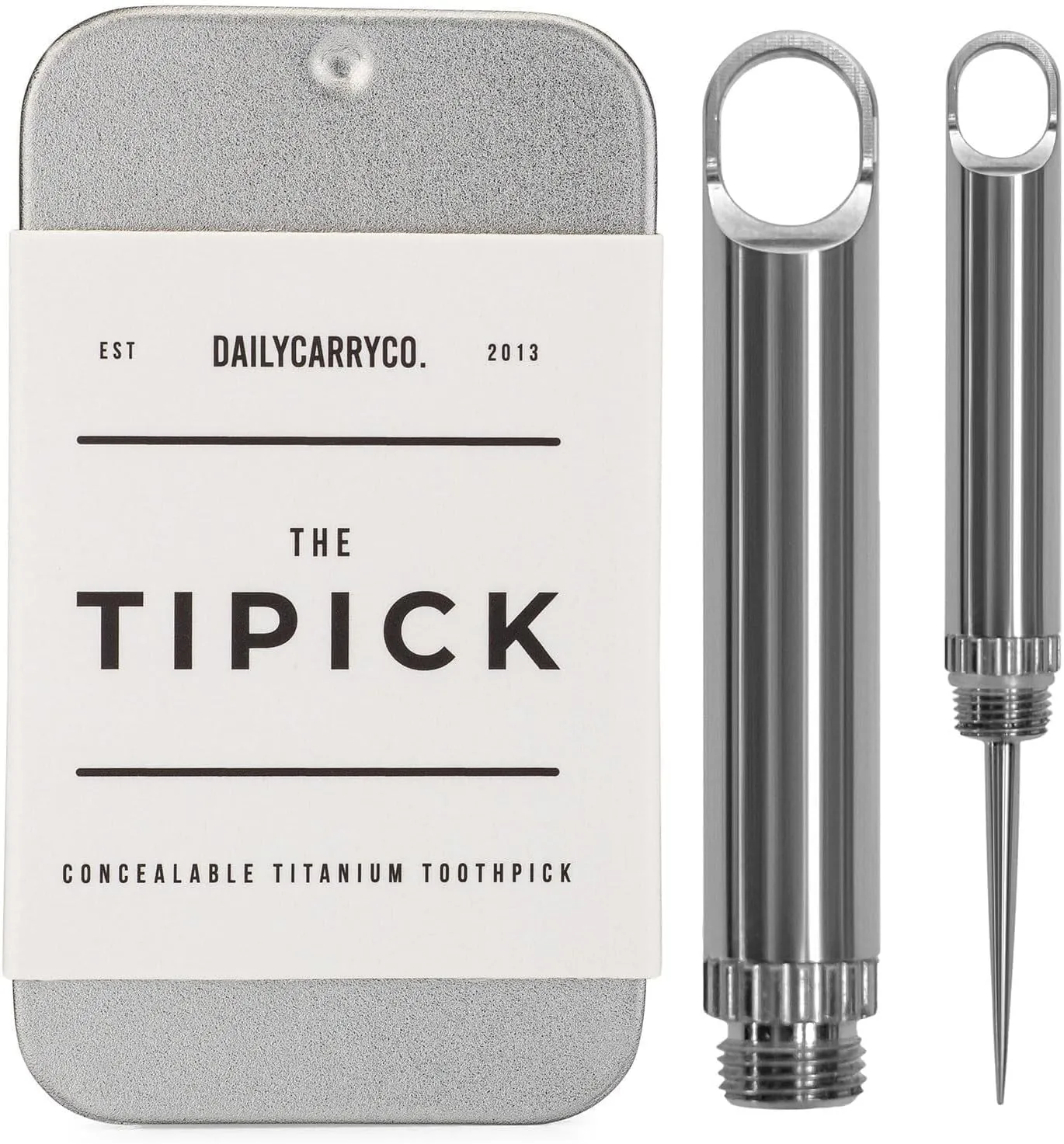 DAILYCARRYCO. TiPick Titanium Toothpick Holder - Portable Metal Travel Toothpick - Reusable EDC Micro Toothpick - Compact & Convenient, On-the-Go - Titanium Construction, Titanium Polished