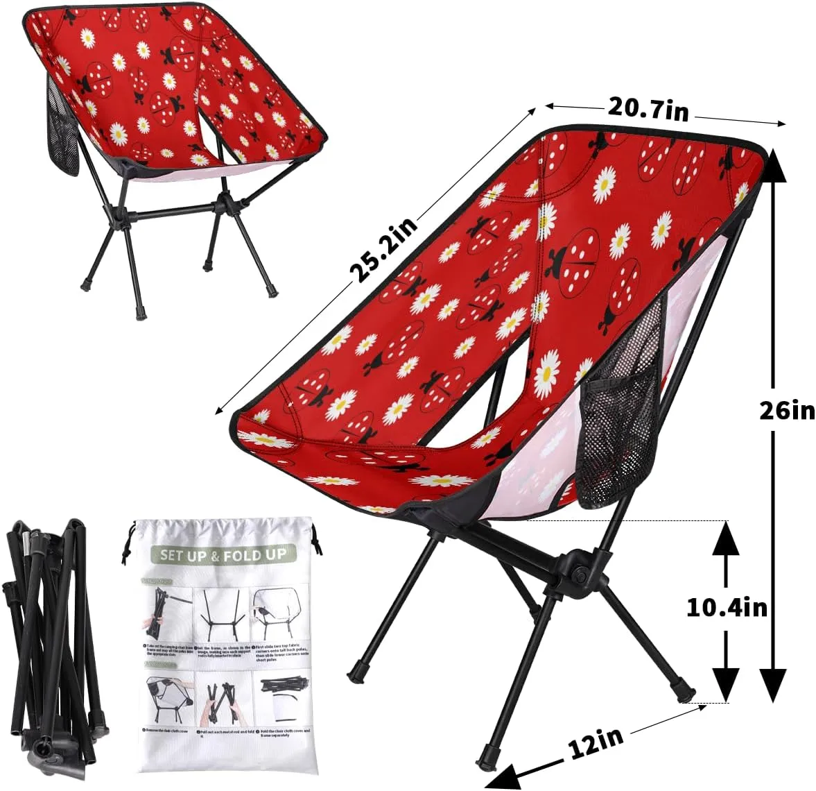 Daisy Red Ladybugs Pattern Camping Chair Lightweight Portable Chairs for Adults Easy Installation Outdoor Foldable Camping Chair for Camping Fishing Hiking Picnic Beach