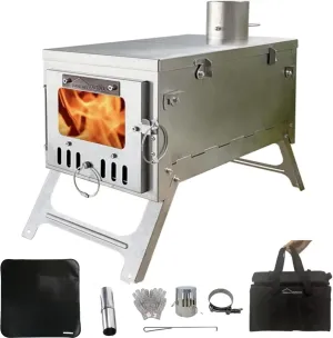 DANCHEL OUTDOOR S6 Folding Camping Stove, 304 Stainless Steel Wood Burning Stove with 7.2ft Chimney(Stove Pad Include)