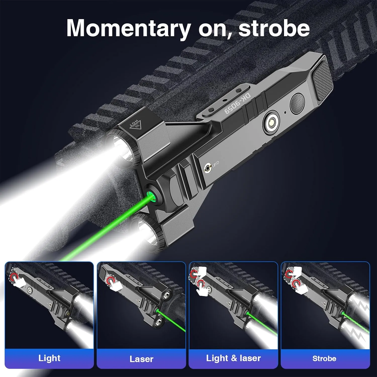 DARKFANG 1450 Lumen Tactical Flashlight with Green Laser Beam Combo, Low Profile Design Rechargeable Weapon Light for Picatinny Rail