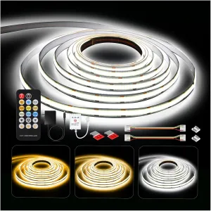 DAYBETTER COB LED Strip Lights, Tunable White(2700K-6500K) COB LED Lights with 3040 LEDs, 24V Adapter, RF Remote, Dimmable High Density Uniform LED Strip for Bedroom, Kitchen, Cabinet, CRI90 , 16.4ft