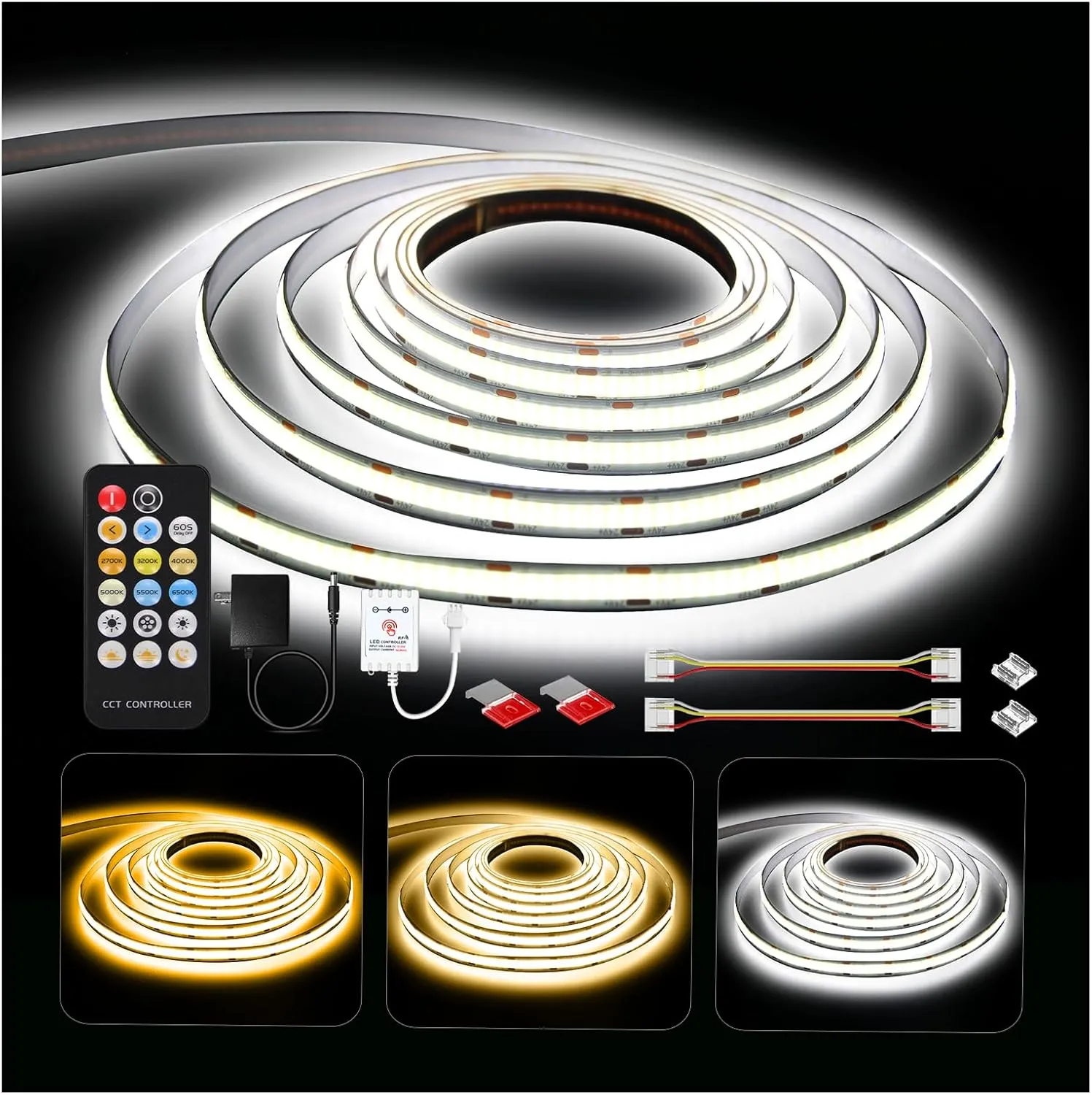 DAYBETTER COB LED Strip Lights, Tunable White(2700K-6500K) COB LED Lights with 3040 LEDs, 24V Adapter, RF Remote, Dimmable High Density Uniform LED Strip for Bedroom, Kitchen, Cabinet, CRI90 , 16.4ft