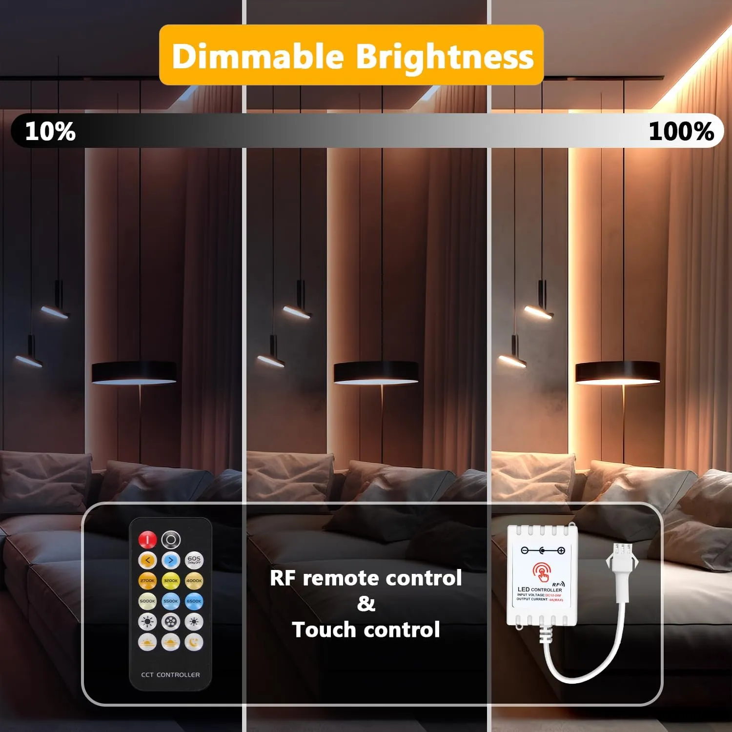 DAYBETTER COB LED Strip Lights, Tunable White(2700K-6500K) COB LED Lights with 3040 LEDs, 24V Adapter, RF Remote, Dimmable High Density Uniform LED Strip for Bedroom, Kitchen, Cabinet, CRI90 , 16.4ft