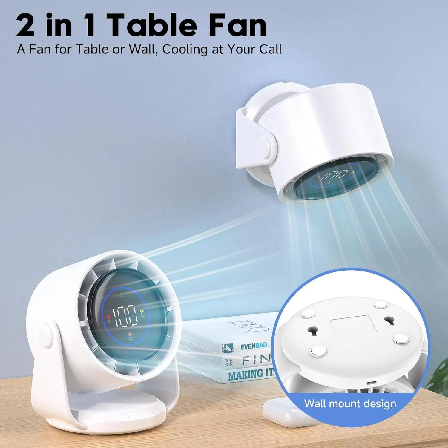 Desk Fan, Quiet Wall-Mounted Table Fan with Turbo Airflow, 100-Speed Digital Display & 105° Adjustable Tilt, 7.5-inch， Rechargeable Battery for Home, Office, Travel Dark White