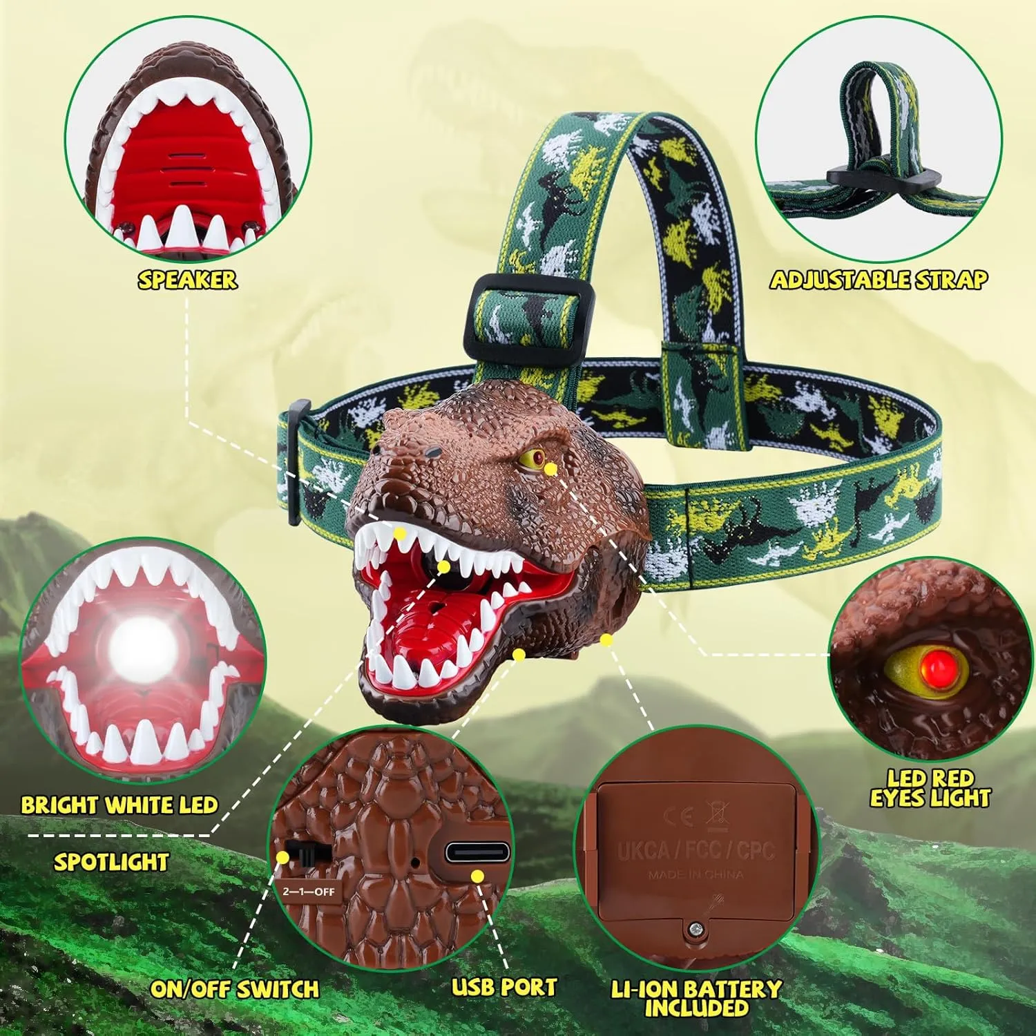 Dinosaur Headlamp for Kids Flashlight Rechargeable Led Headlights Roar & Silent Mode, T-Rex Dinosaur Toys for Kids 3-5 4-6 5-7 6-8, Camping Gear, Easter Gifts for Boys Girls Adults