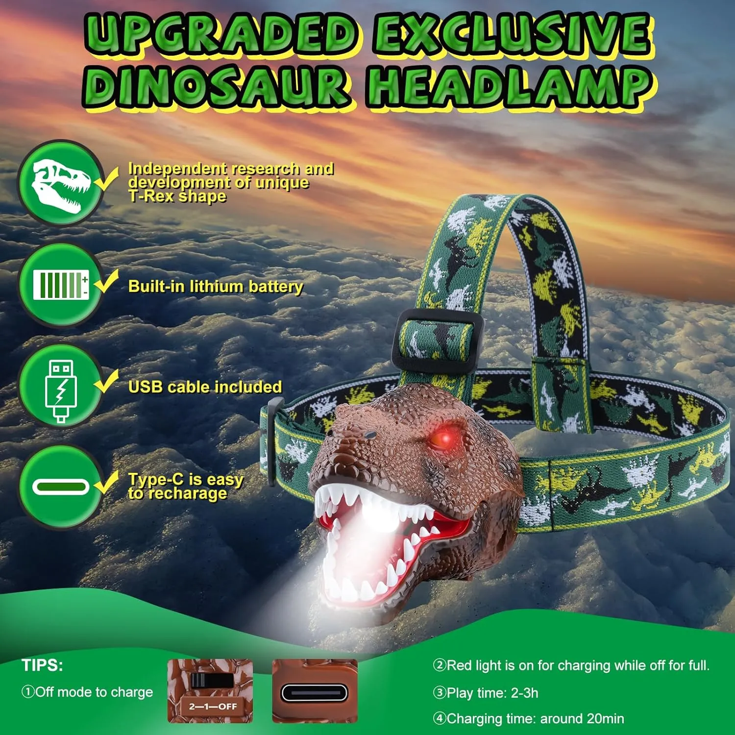 Dinosaur Headlamp for Kids Flashlight Rechargeable Led Headlights Roar & Silent Mode, T-Rex Dinosaur Toys for Kids 3-5 4-6 5-7 6-8, Camping Gear, Easter Gifts for Boys Girls Adults