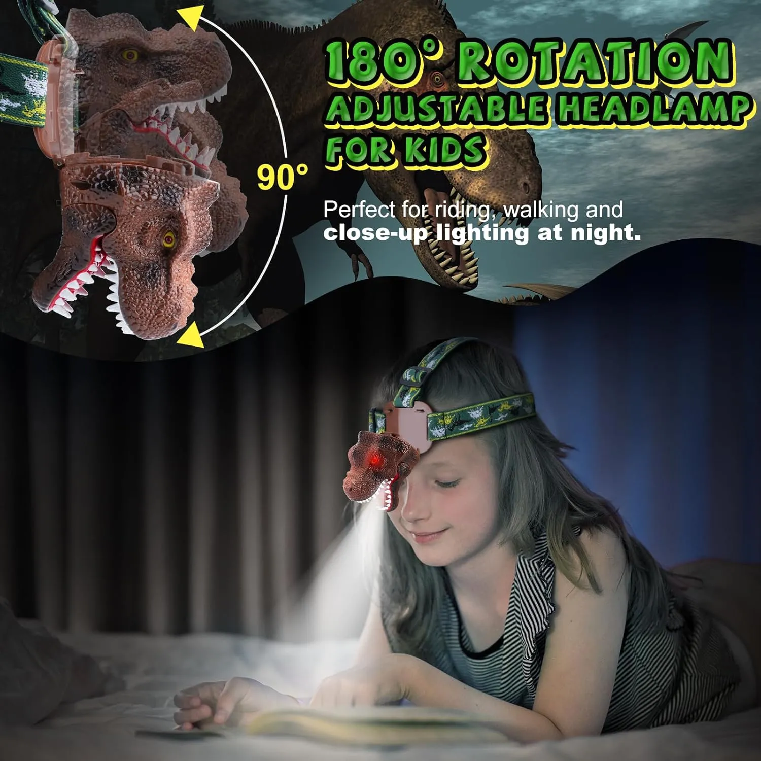 Dinosaur Headlamp for Kids Flashlight Rechargeable Led Headlights Roar & Silent Mode, T-Rex Dinosaur Toys for Kids 3-5 4-6 5-7 6-8, Camping Gear, Easter Gifts for Boys Girls Adults