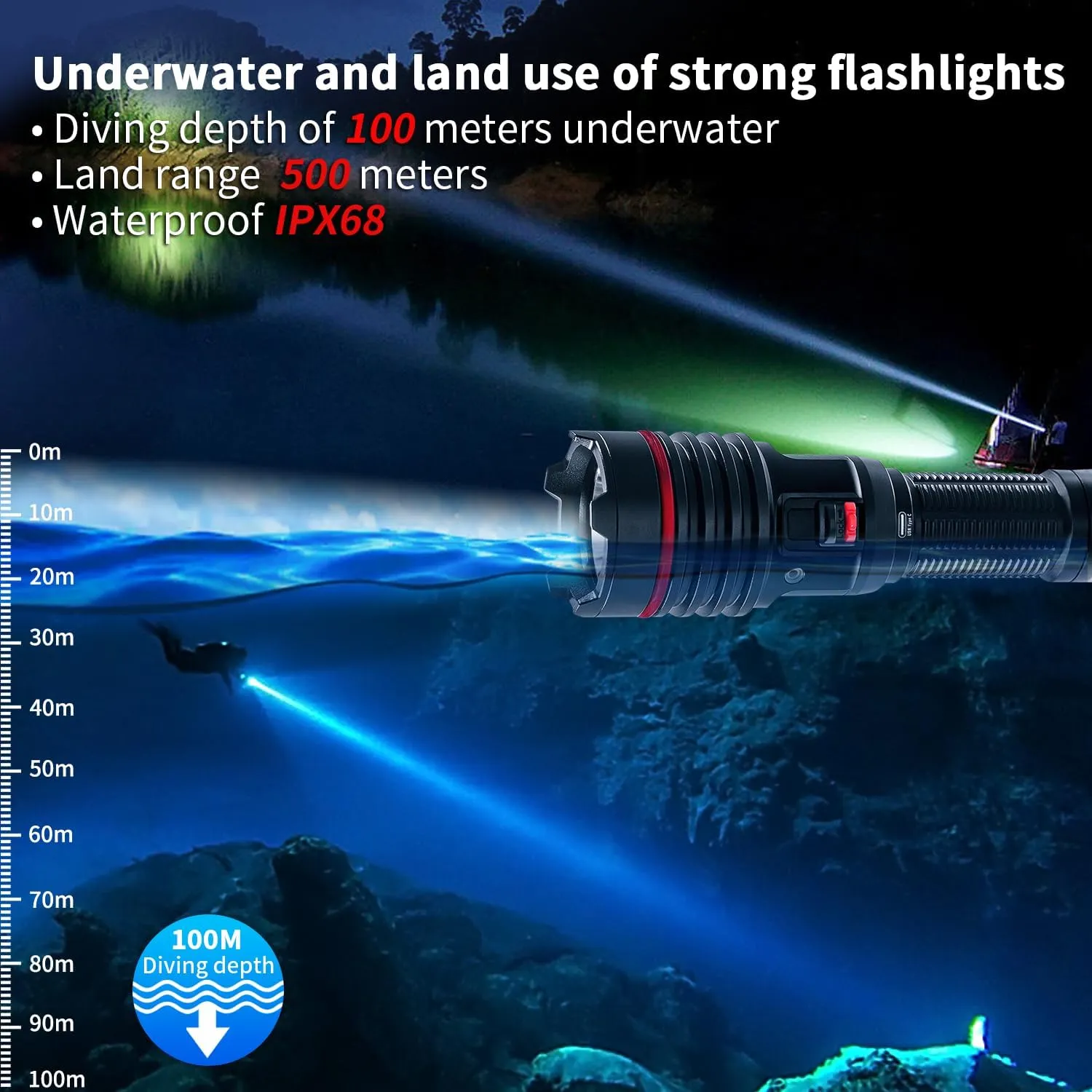 Dive Light, Underwater Flashlight, 2000Lumens Dive Lights Scuba Diving, Diving Flashlight with Type-C Charging for Professional Underwater Sport, Underwater 100m Flashligh