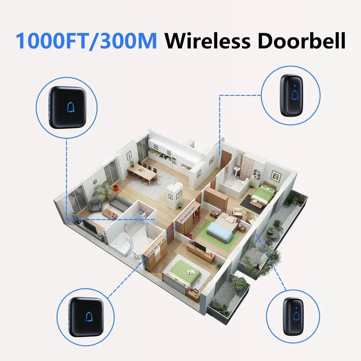Doorbell Wireless Doorbell IP66 Waterproof 1000 Feet with 56 Chimes 115dB 7 Volume Levels Mute Mode LED Flash Door Bell Ringer Wireless for Kids Room Teachers Classroom Home Office & Hearing-Impaired