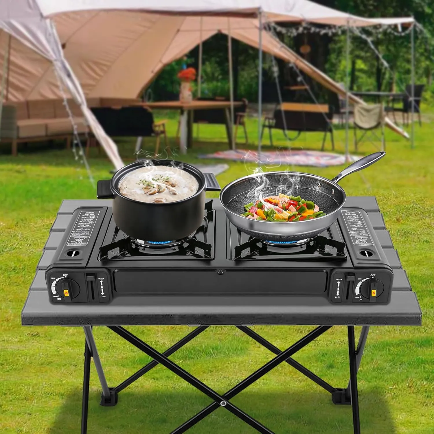 Double Burner Butane Stove, 2 Burners Portable Camping Stove, Easily cook delicious food Stove, Auto Ignition Camping Double Burner, Portable Camping Stove for Outdoor Cooking, RV, Apartments