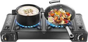 Double Butane Stove, Portable Camping Stove, Fire Adjustable Camping Stove， 2 Burners Camping Stove with Non-sticking Coating Grill Tray & Storage Case, for Camping, Traveling, Hiking, Party