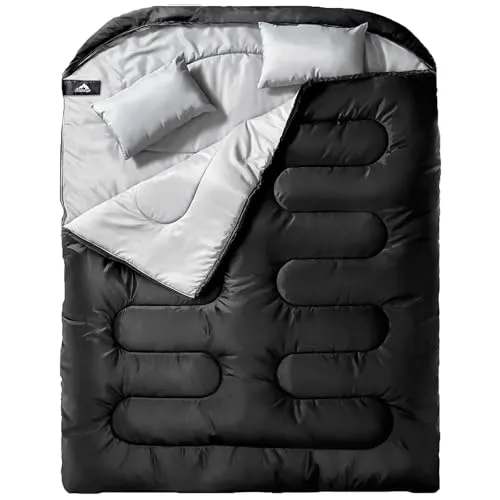 Double Sleeping Bag w/ Pillow for Adults, XL Queen Size 2 Person