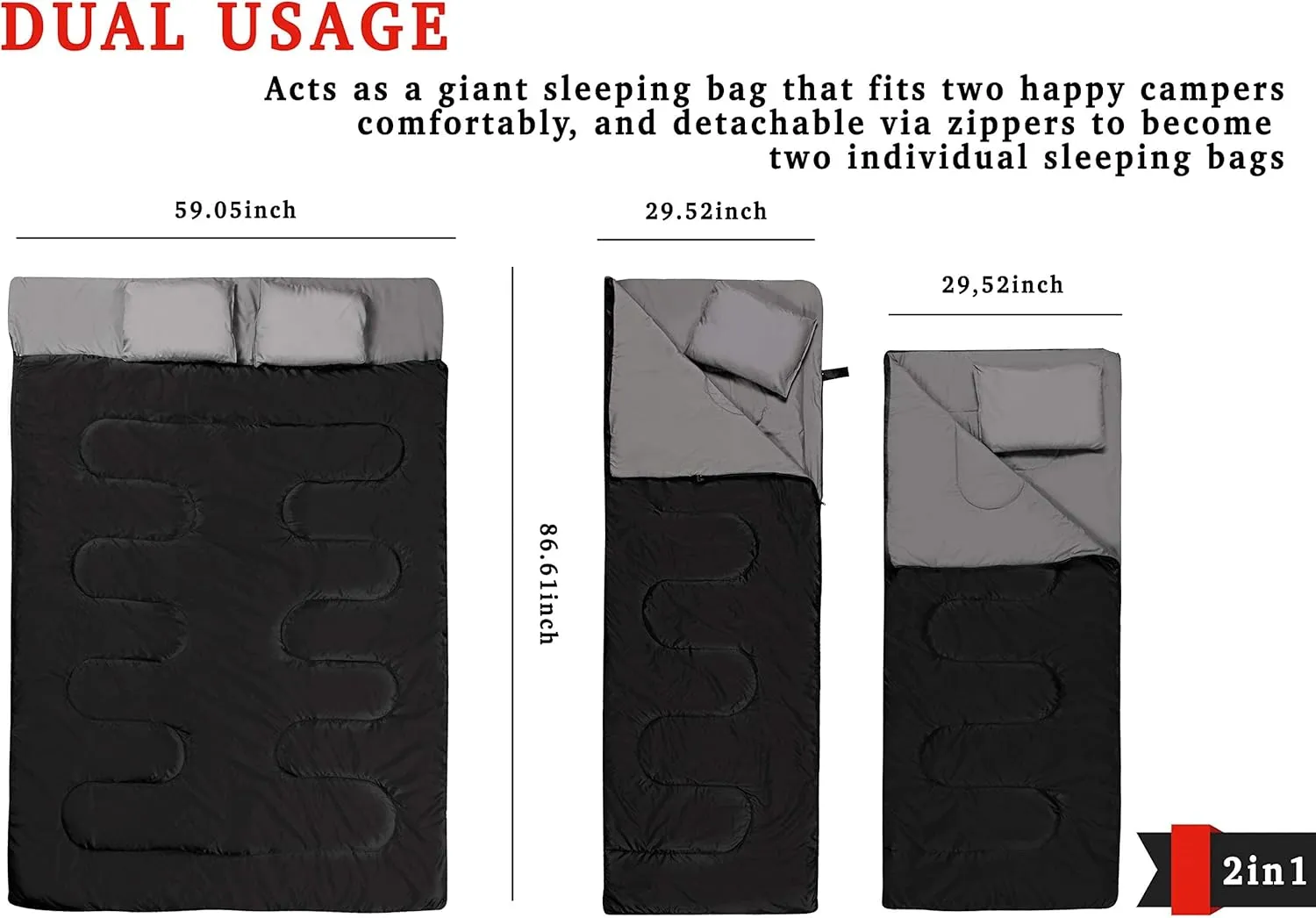 Double Sleeping Bag with 2 Pillows – Queen Size Waterproof Sleeping Bag Good for 2 Persons, Lightweight, for Camping, Cool Weather Backpacking, Hiking,