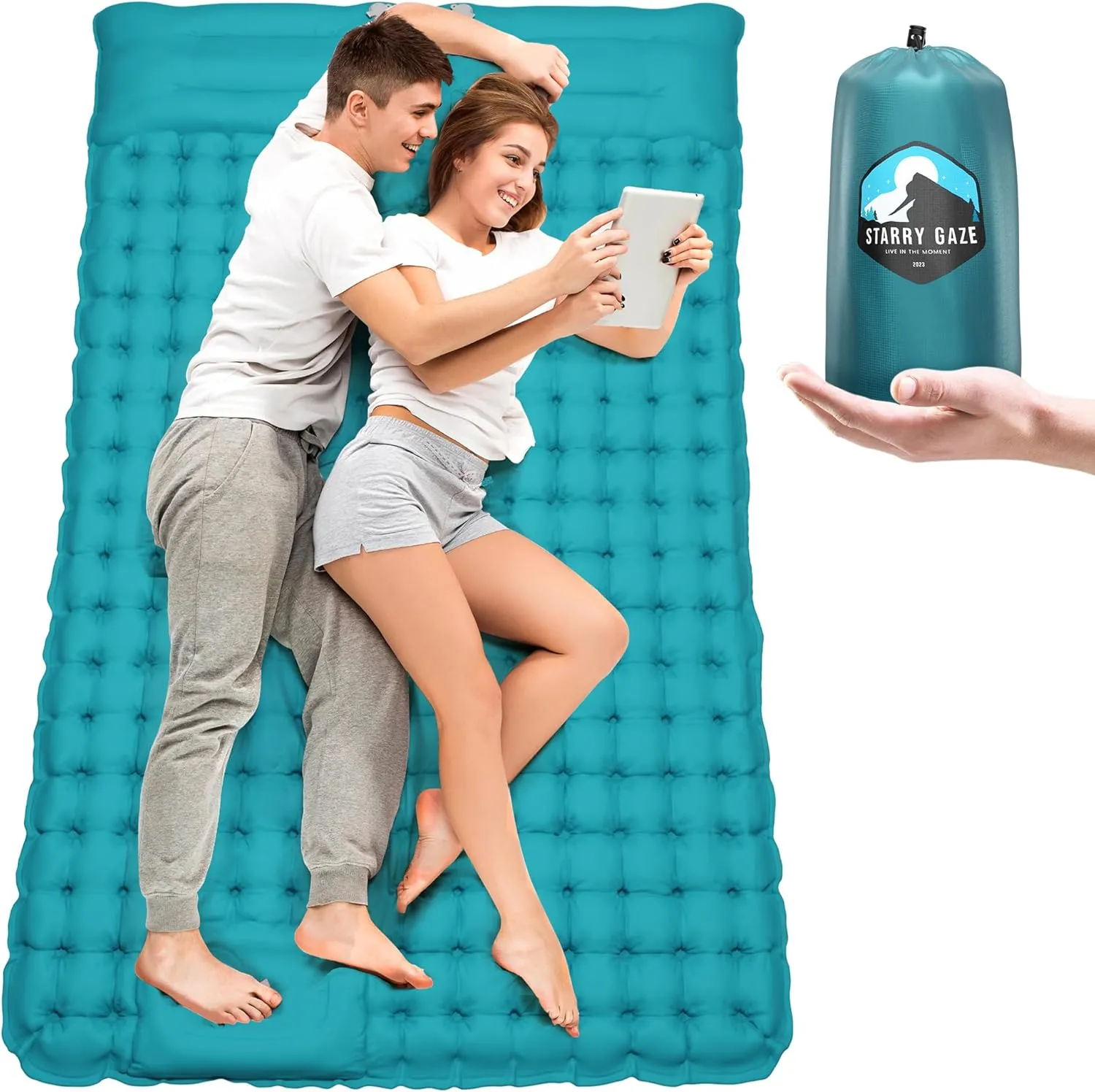Double Sleeping Pad for Camping - Self Inflating Camping Pad w Foot Pump, Built-in Pillows & Carrying Bag - Sleeping Mat for 2 Person & Thick Camping Air Mattress for Hiking, Picnic & More