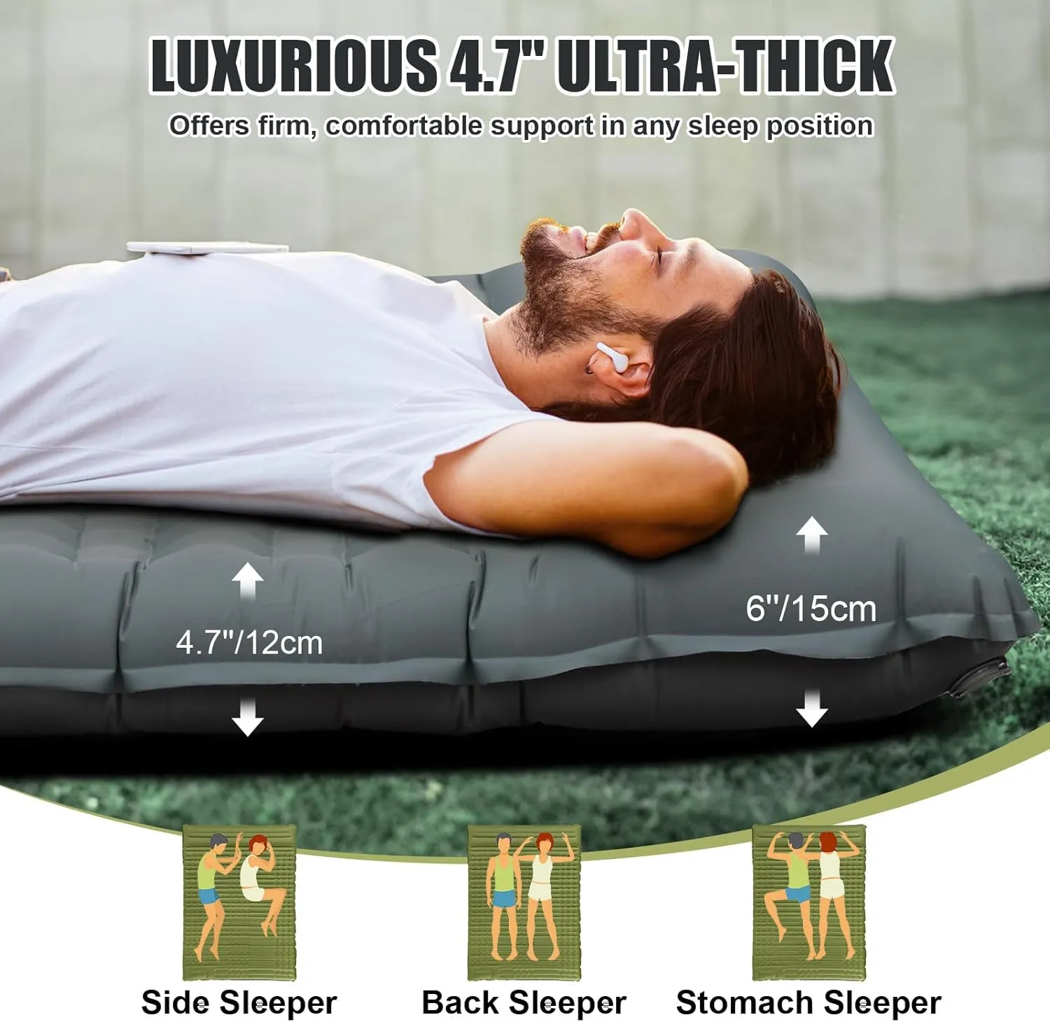 Double Sleeping Pad, Self Inflating 4.7'' Extra Thick for 2 Person Built-in Pump, Portable Camping Mattress Sleeping Mat for Backpacking Hiking Tent Travel