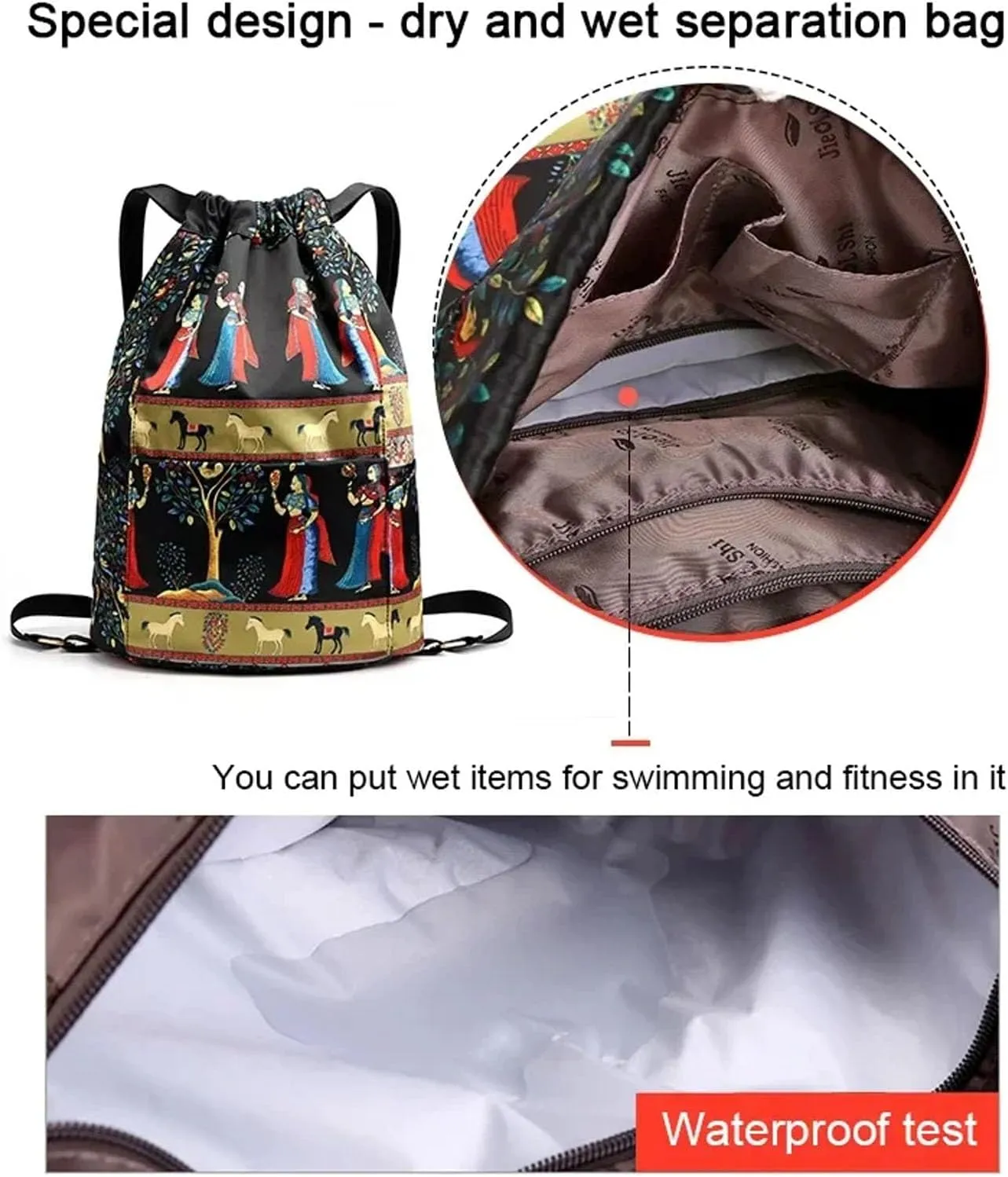 Drawstring Foldable Large Capacity Dry-wet Separation Travel Sports Backpack Waterproof Gym Bag with Multiple Pockets (C)