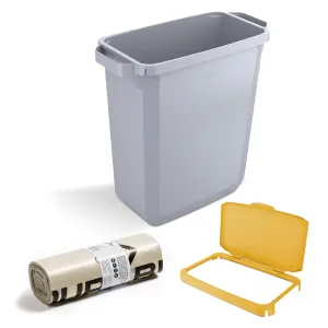 DURABIN 60L Grey Rectangular Wastebin and Yellow Hinged Lid with Paper Slot & 25x 110L Bin Bags Strong Plastic Bag for Rubbish Recycling Food Safe with Blue Angel Certified Bin Liners for Home Office