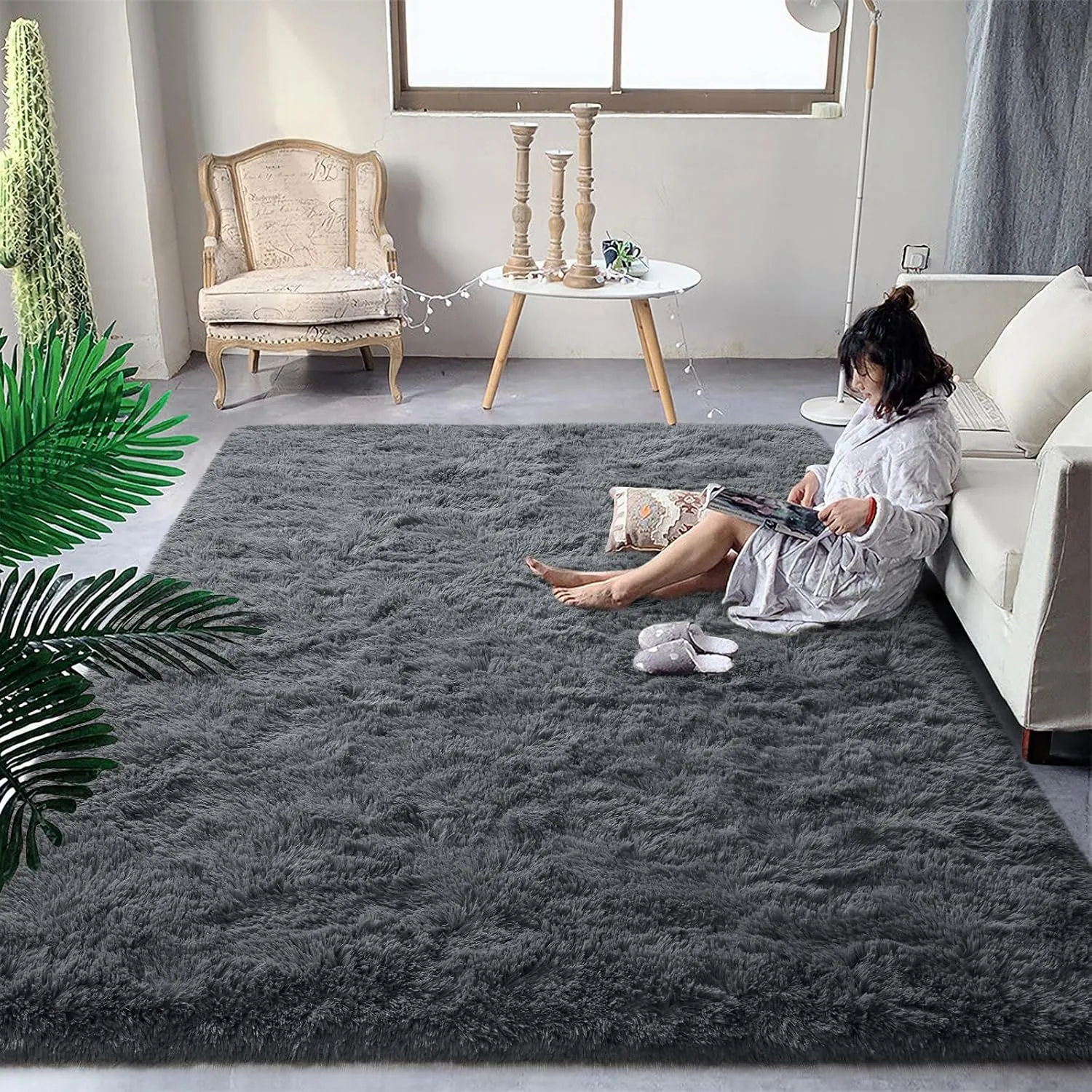 DweIke Dark Grey Area Rugs for Living Room, 6x9 Fluffy Gray Rug for Kids Girls Boys Bedroom, Soft Plush Large Fuzzy Furry Bedside Carpet, Shaggy Throw Carpets for Dorm Nursery Home Decor Aesthetic