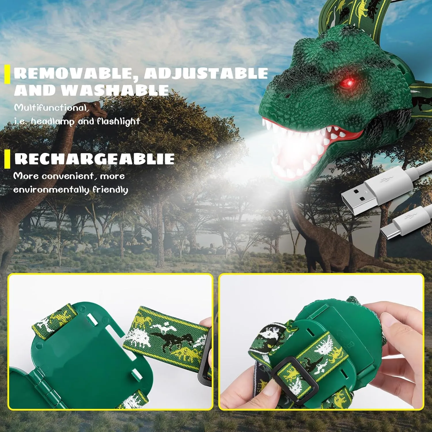 Dysaim Kids Headlamp,Rechargeable T-Rex Dinosaur Headlamp for Kid and LED Head Lamp Camping Gear Flashlight,Hiking Accessories Headlight Toys,Four Light Modes Suitable for Reading/Party Gift(2 Pack)