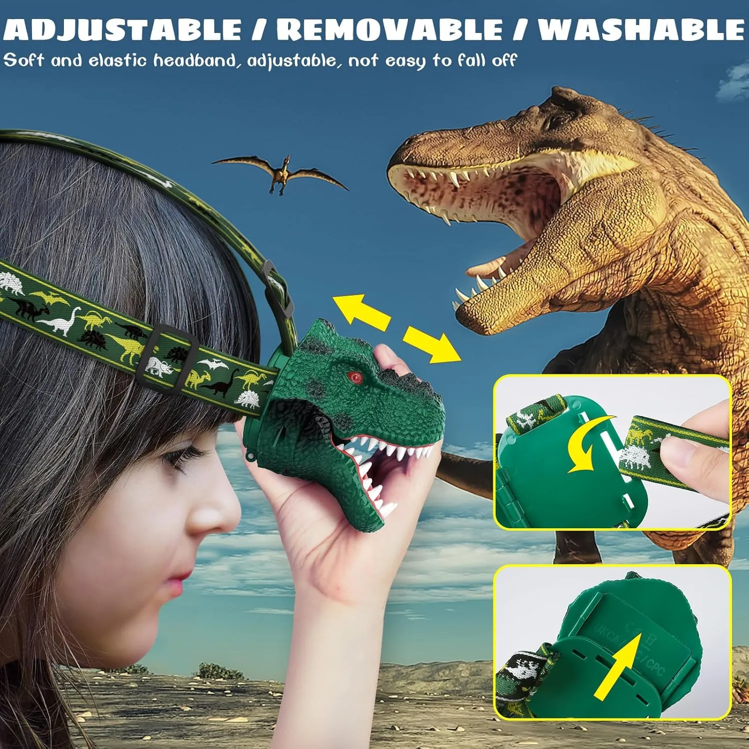 Dysaim Kids Headlamp,Rechargeable T-Rex Dinosaur Headlamp for Kid and LED Head Lamp Camping Gear Flashlight,Hiking Accessories Headlight Toys,Four Light Modes Suitable for Reading/Party Gift(2 Pack)