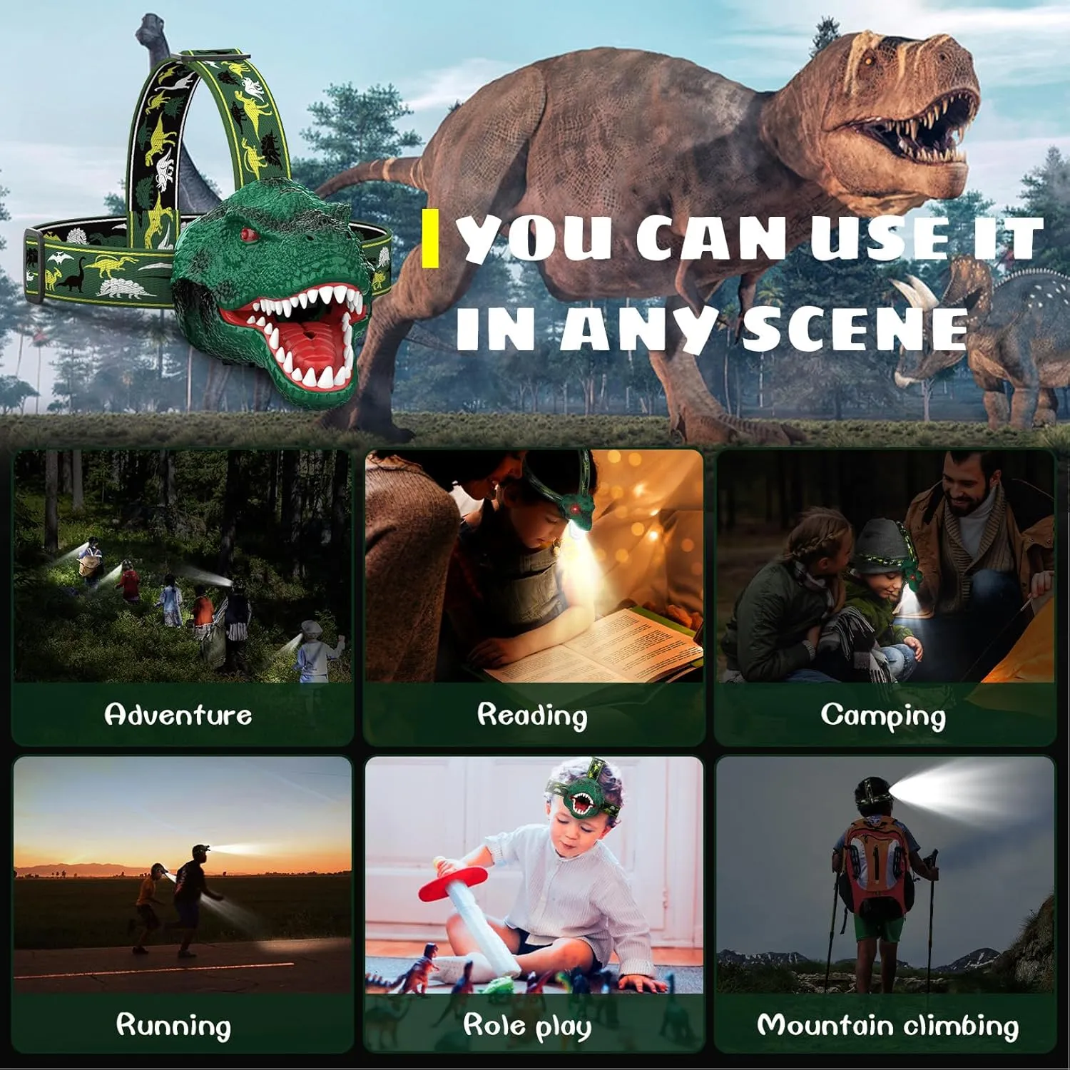 Dysaim Kids Headlamp,Rechargeable T-Rex Dinosaur Headlamp for Kid and LED Head Lamp Camping Gear Flashlight,Hiking Accessories Headlight Toys,Four Light Modes Suitable for Reading/Party Gift(2 Pack)
