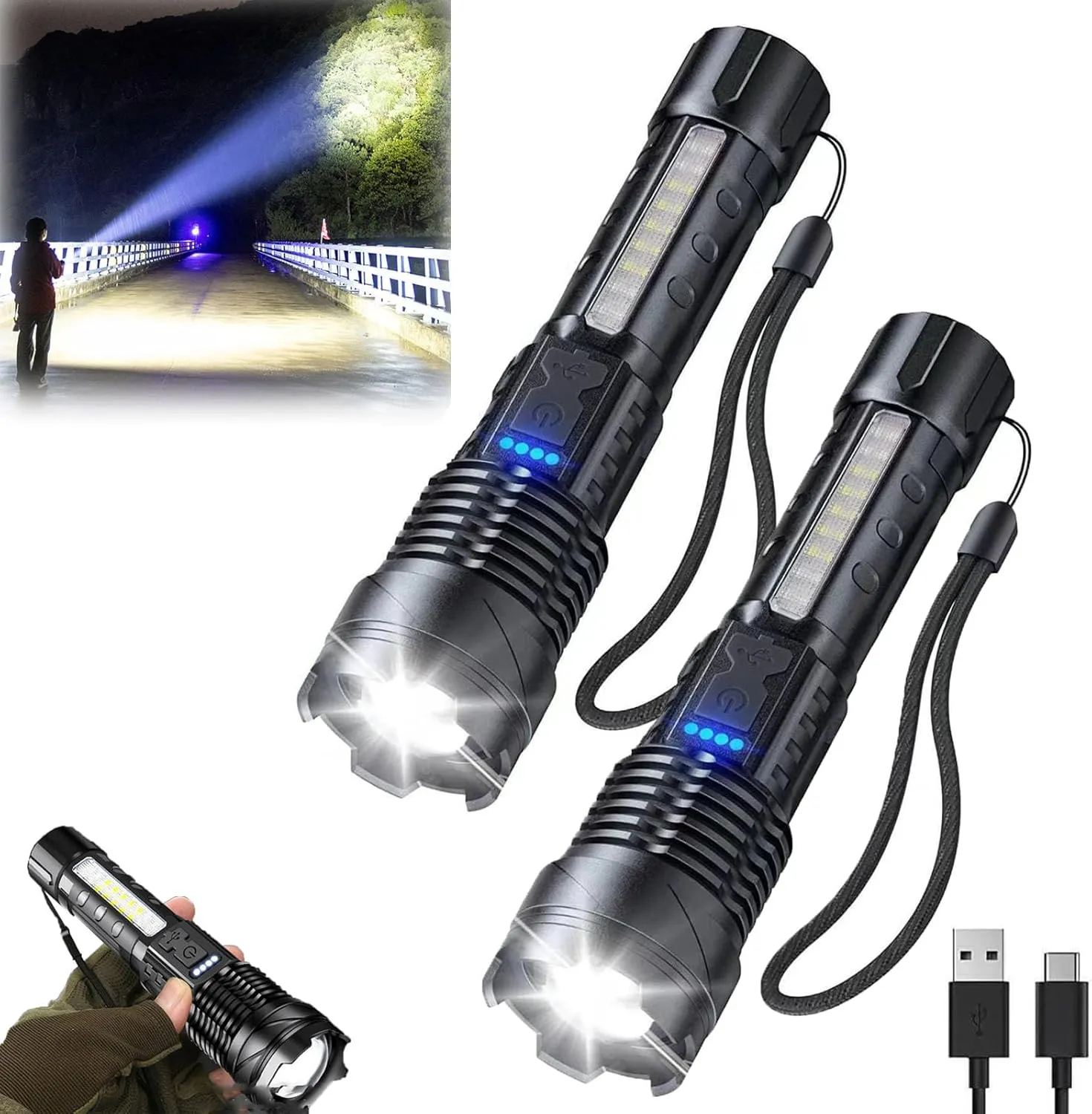 Earc Outdoor Strong Light Flashlight USB Rechargeable 1500 Lumens, Earc Strong Light Flashlight, with 8 Light Modes, for Hiking, Camping, Waterproof, Zoomable (2), Black