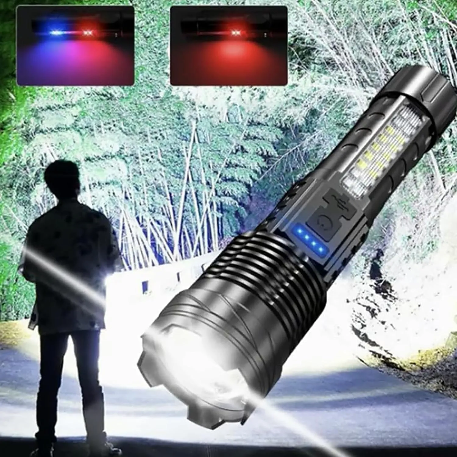 Earc Outdoor Strong Light Flashlight USB Rechargeable 1500 Lumens, Earc Strong Light Flashlight, with 8 Light Modes, for Hiking, Camping, Waterproof, Zoomable (2), Black