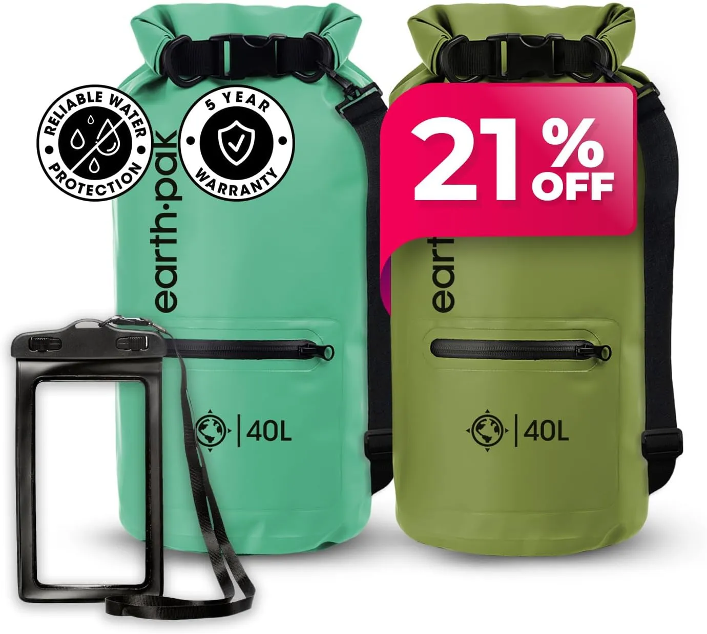 Earth Pak Waterproof Dry Bag with Zippered Pocket - Waterproof Dry Bag Backpack Keeps Gear Dry for Boating, Camping, Fishing, Beach Drybag, Kayak Accessories - Dry Bags Waterproof with Phone Case
